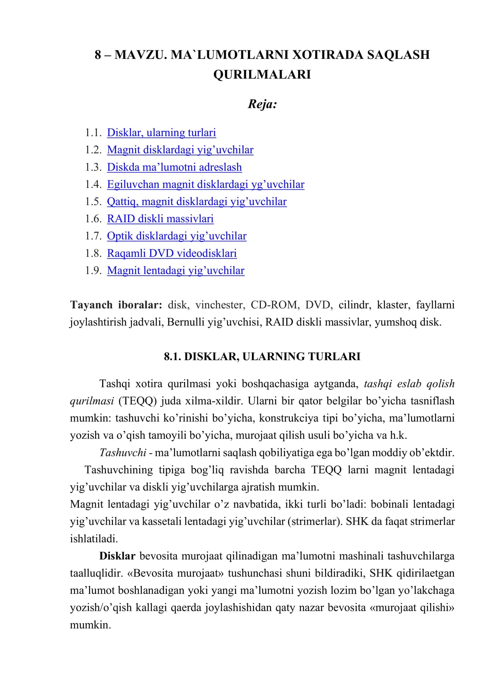 MA`LUMOTLARNI XOTIRADA SAQLASH QURILMALARI 1