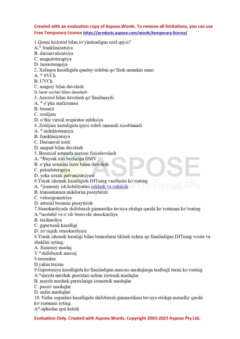 Fizikaviy davolash usullari bo‘yicha 20 savoldan iborat test 1