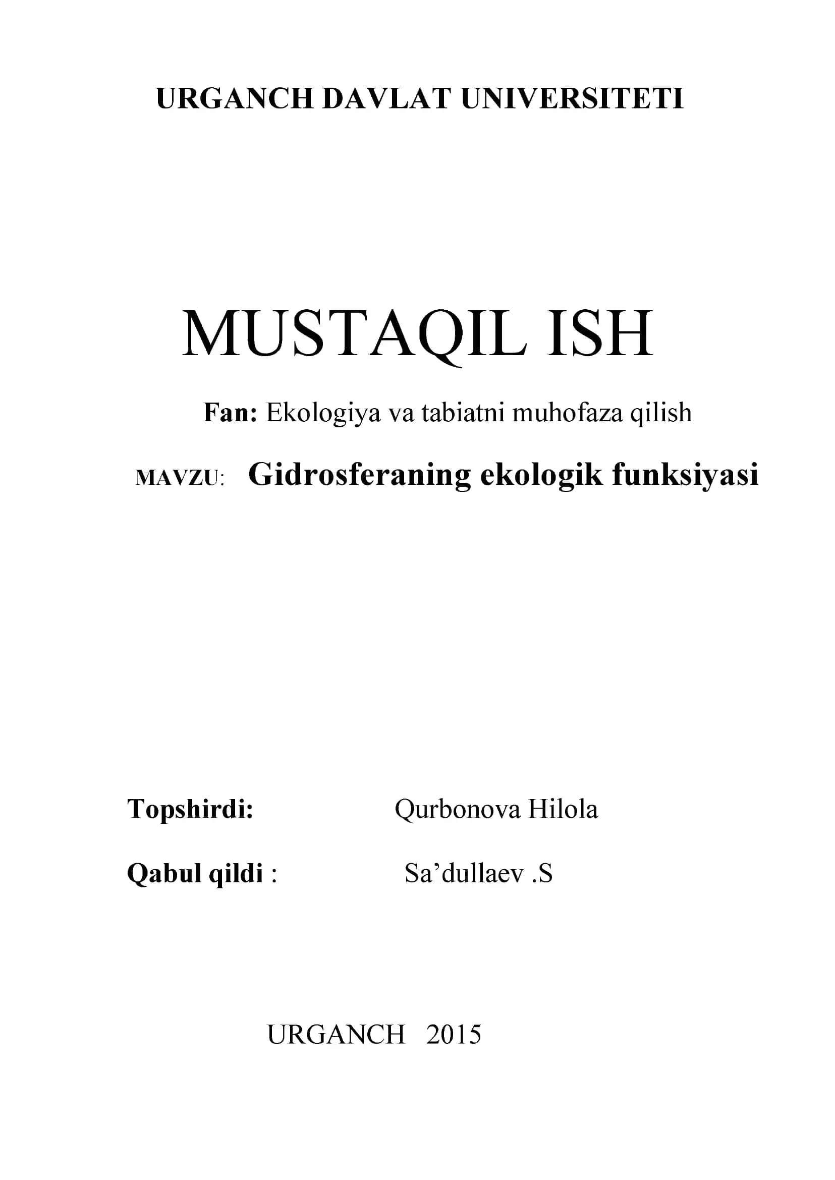 Gidrosferaning ekologik funksiyasi 1