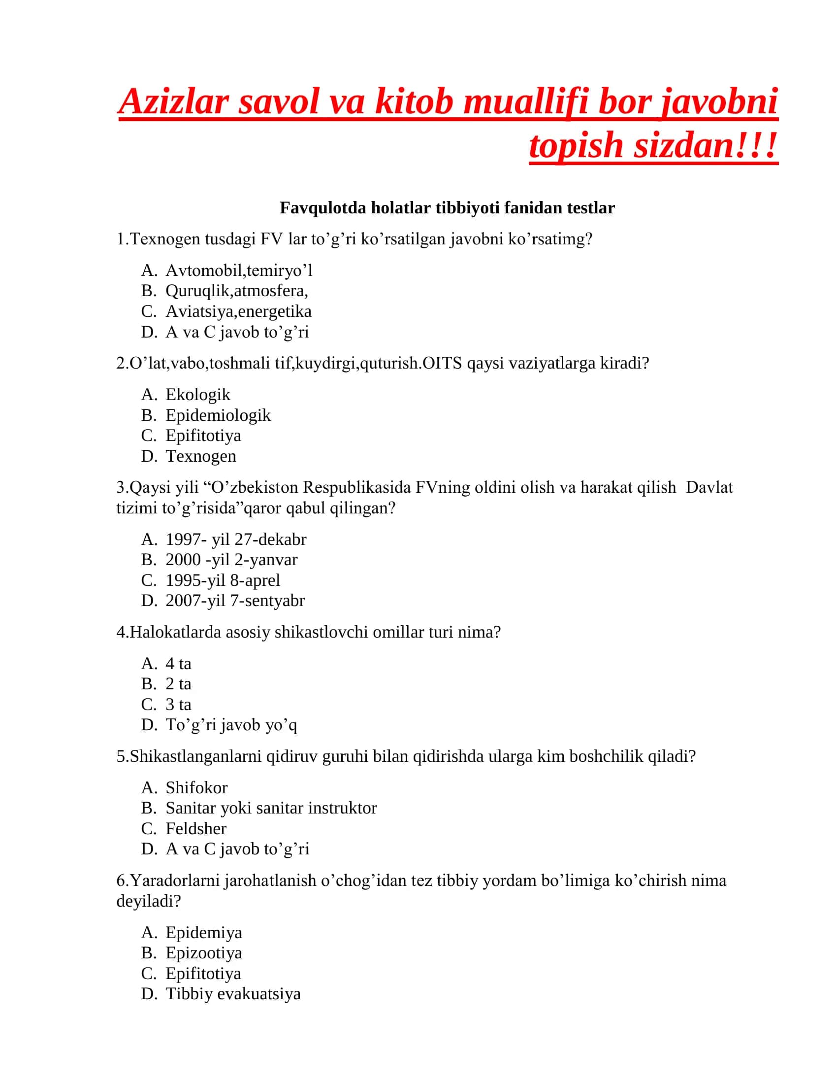 Favqulotda holatlar tibbiyoti fanidan testlar 1