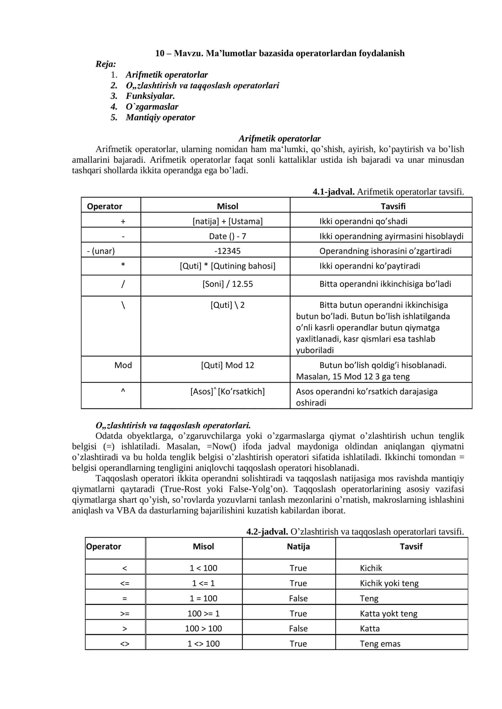 Ma’lumotlar bazasida operatorlardan foydalanish 1