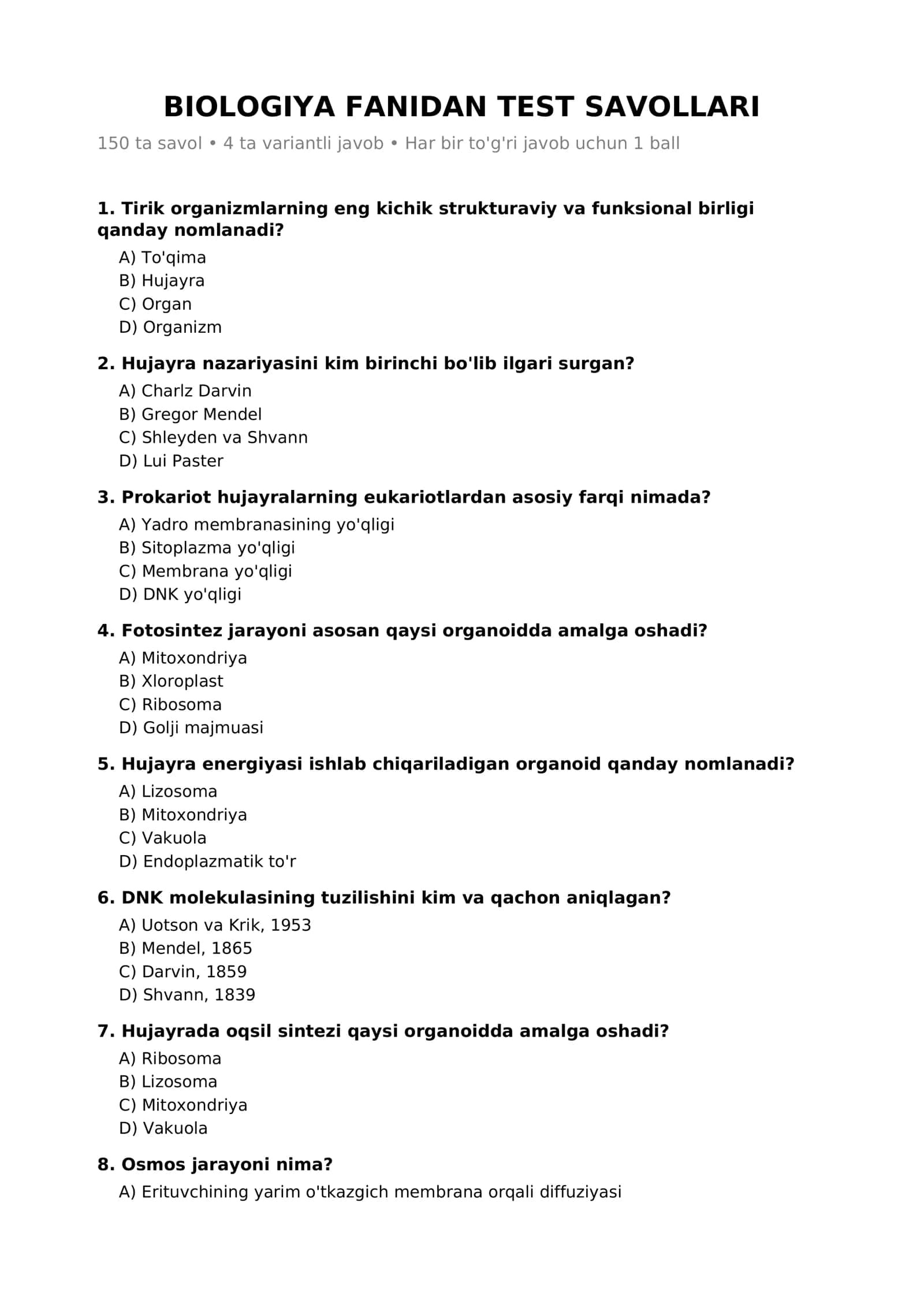 BIOLOGIYA FANIDAN TEST SAVOLLARI 1