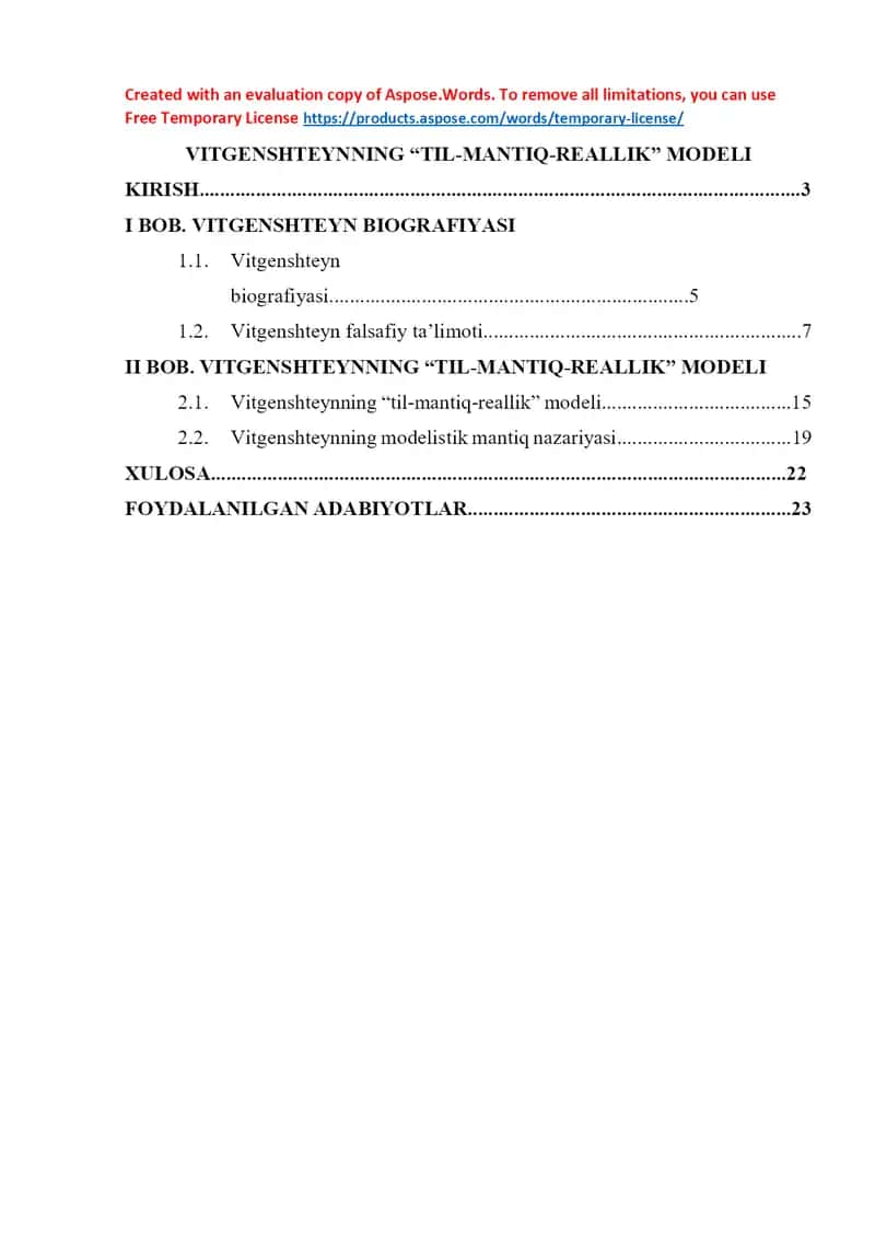 Vitgenshteynning “Til-Mantiq-Reallik” modeli (kurs ishi) 1