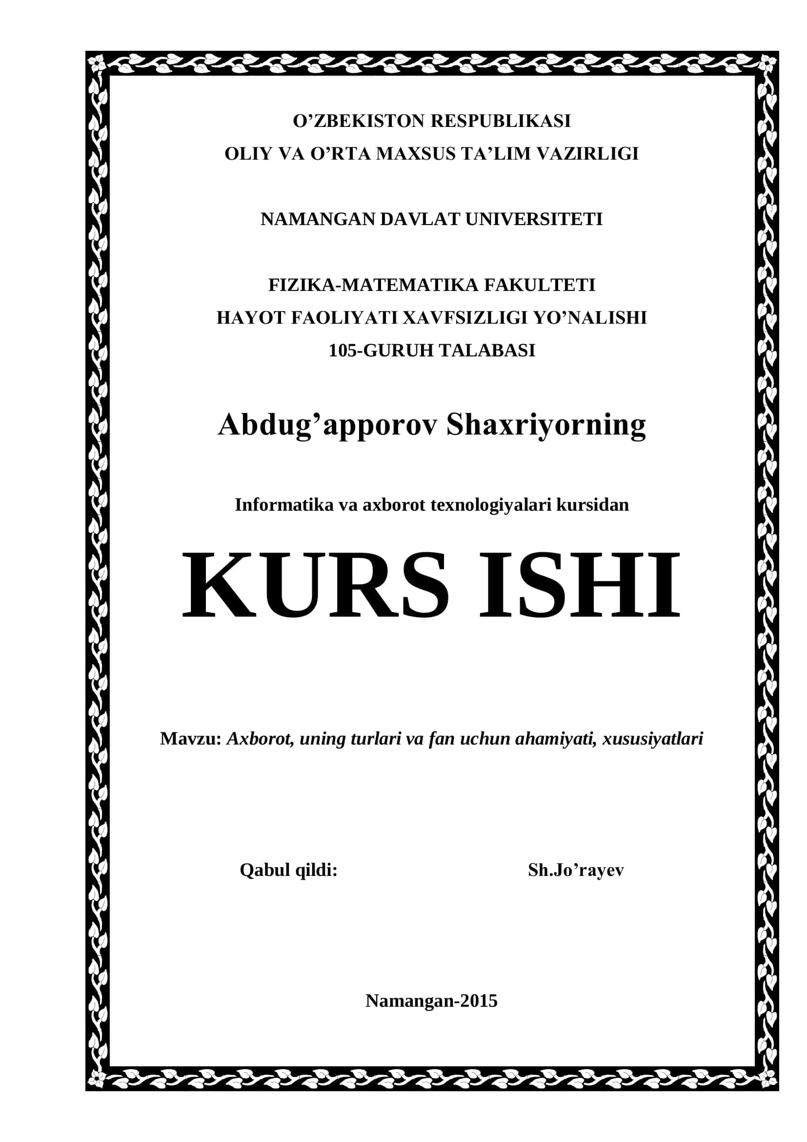 Informatika va axborot texnologiyalari kursi 1