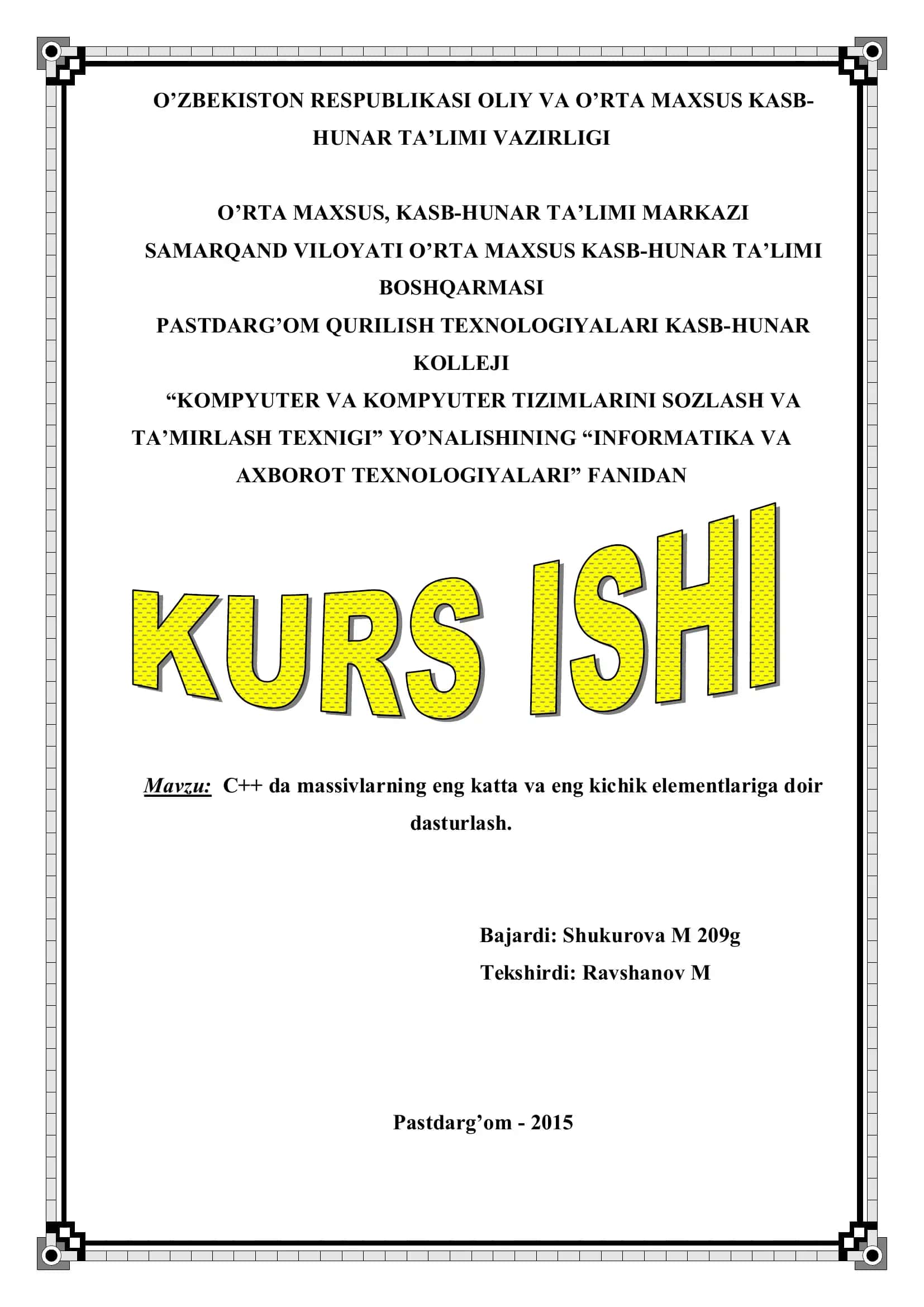 "KOMPYUTER VA KOMPYUTER TIZIMLARINI SOZLASH VA TA’MIRLASH TEXNIGI" YO’NALISHI 1