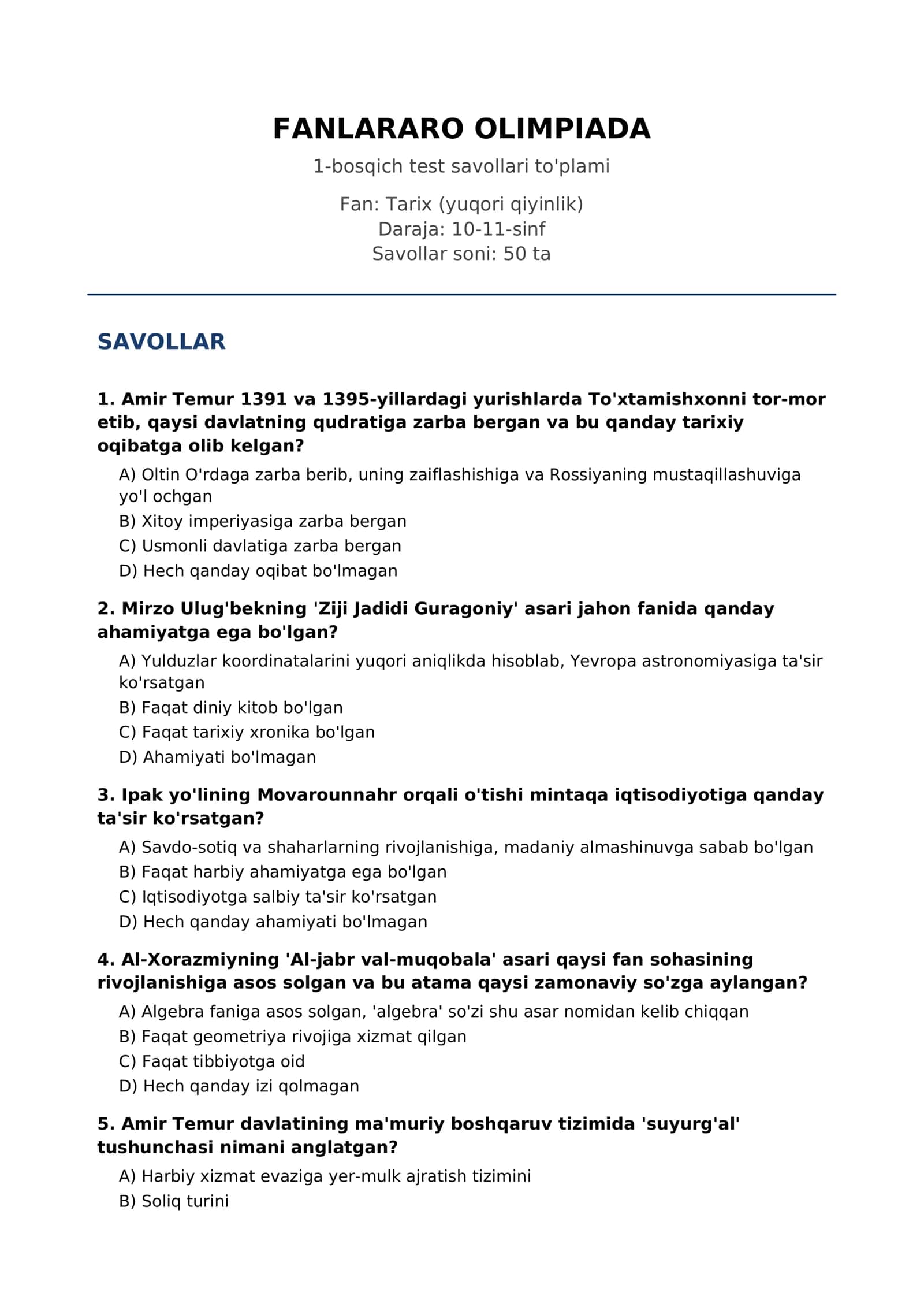 FANLARARO OLIMPIADA 1-bosqich test savollari to'plami 1