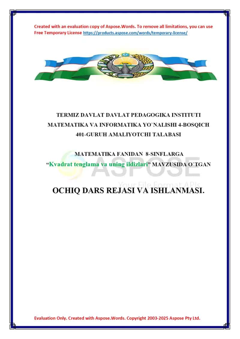 Dars ishlanma MATEMATIKA Kvadrat tenglama 1