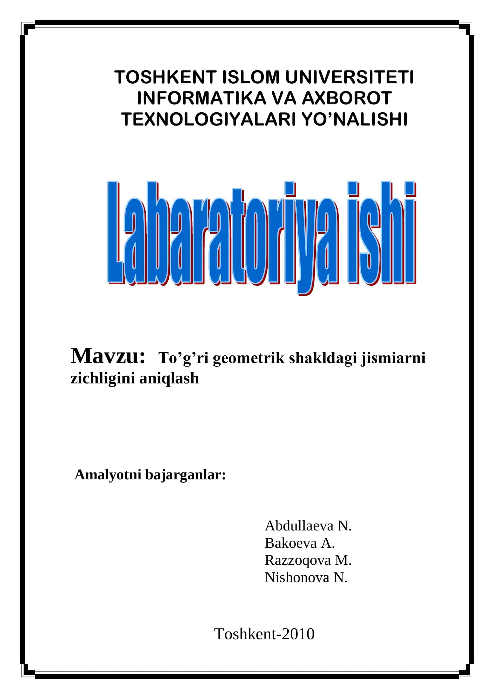 To’g’ri geometrik shakldagi jismiarni zichligini aniqlash 1