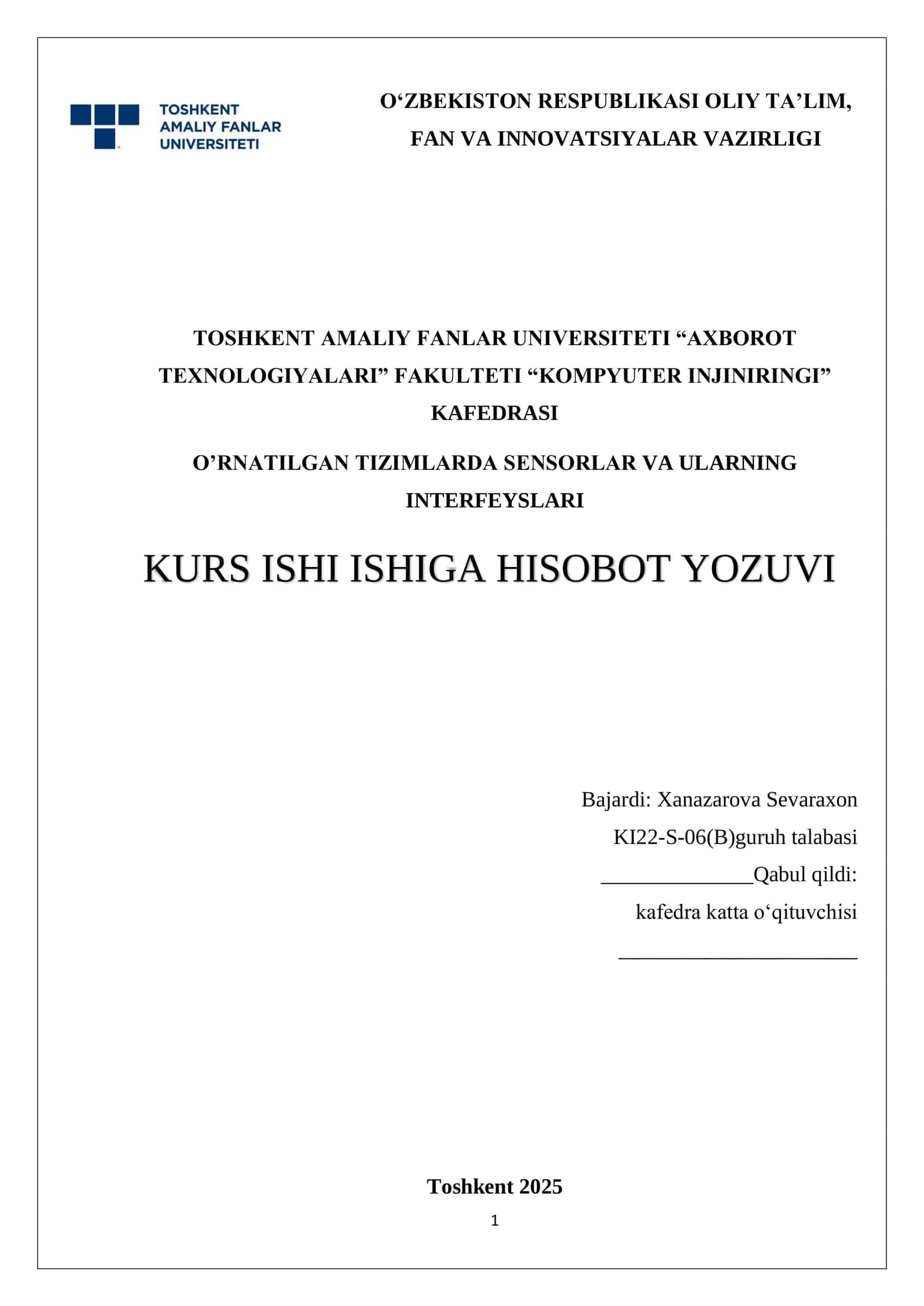 O‘rnatilgan tizimlarda sensorlar va ularning interfeyslari 1