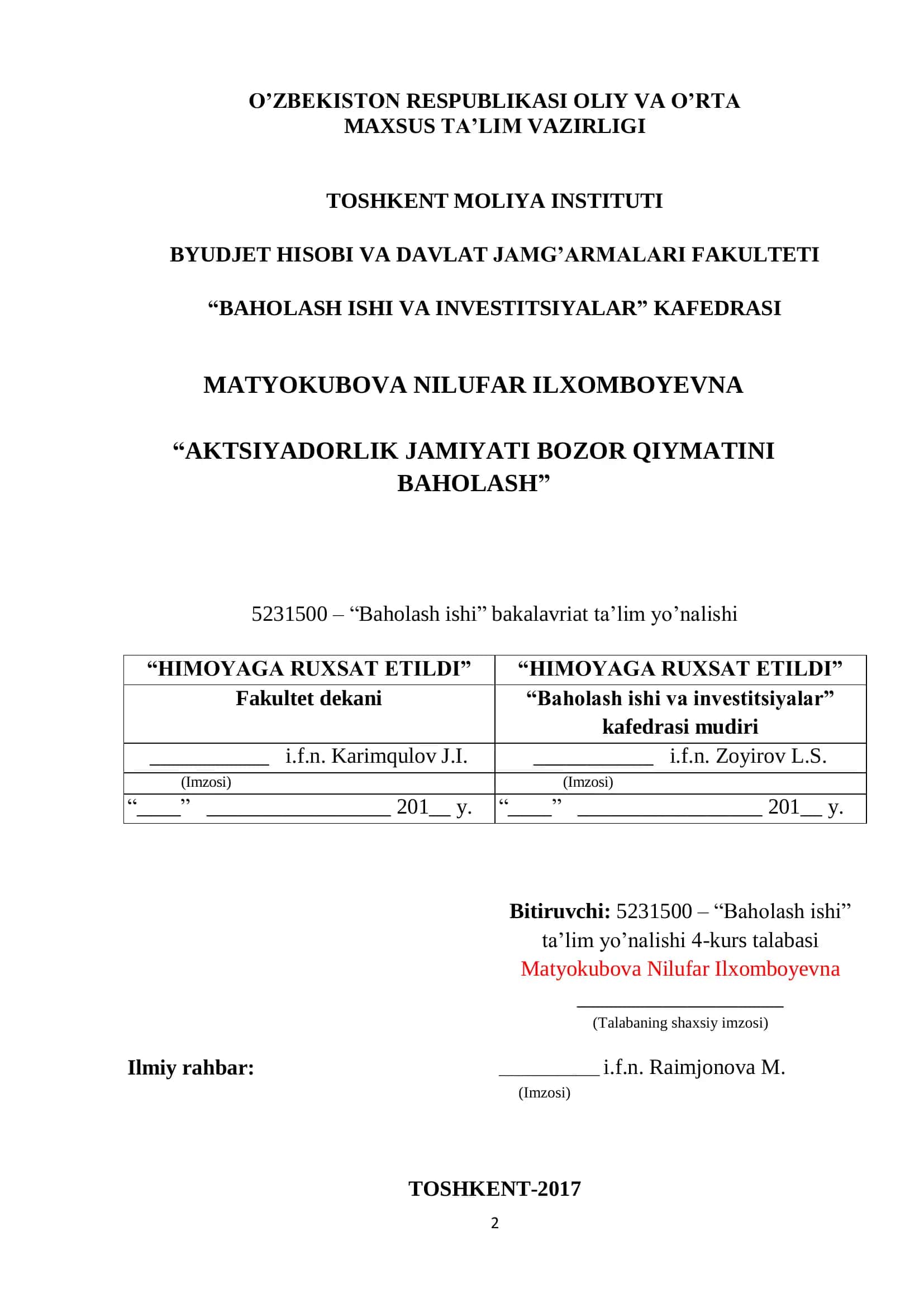 Baholash ishi va investitsiyalar 1