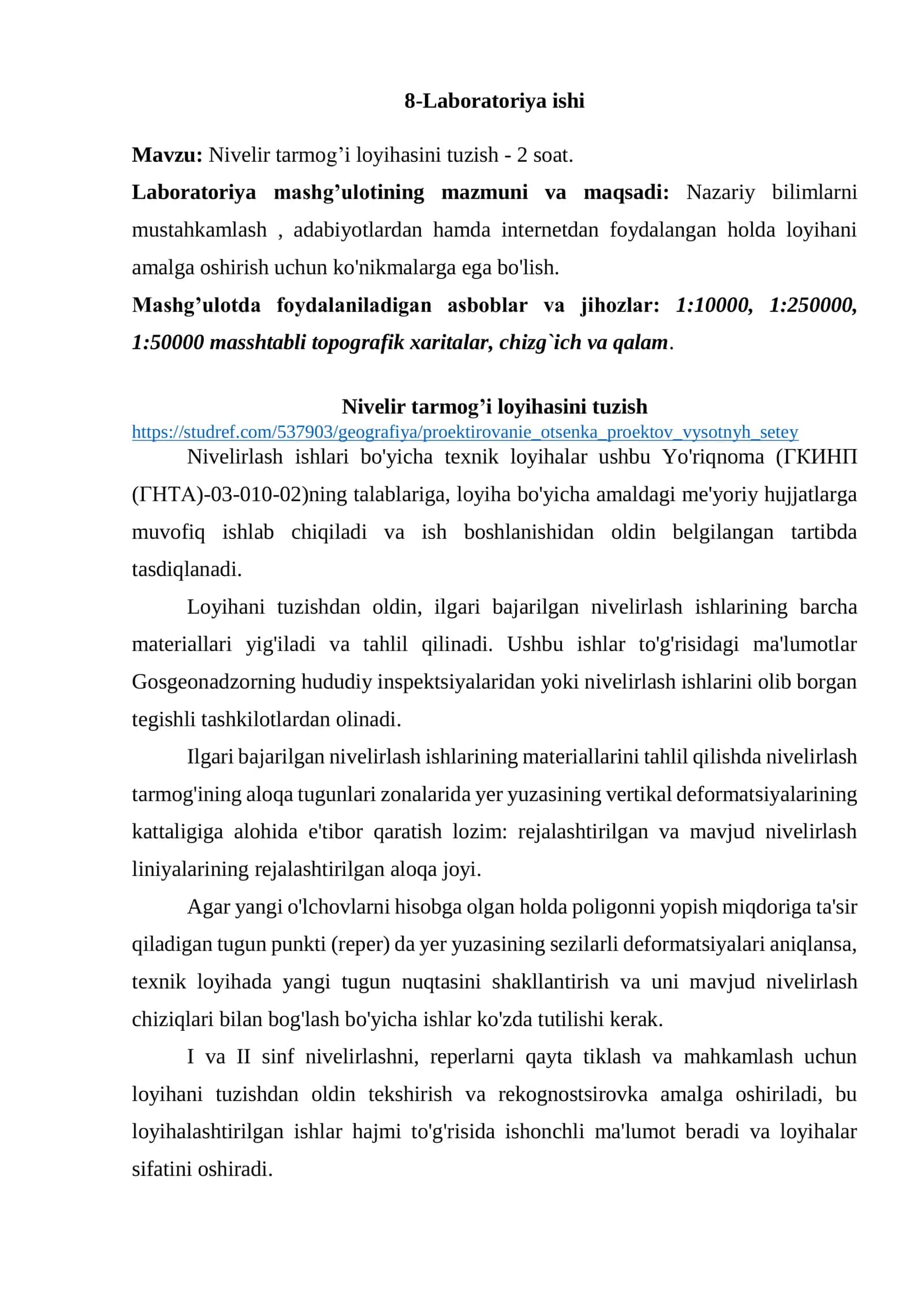 Nivelir tarmog’i loyihasini tuzish 1