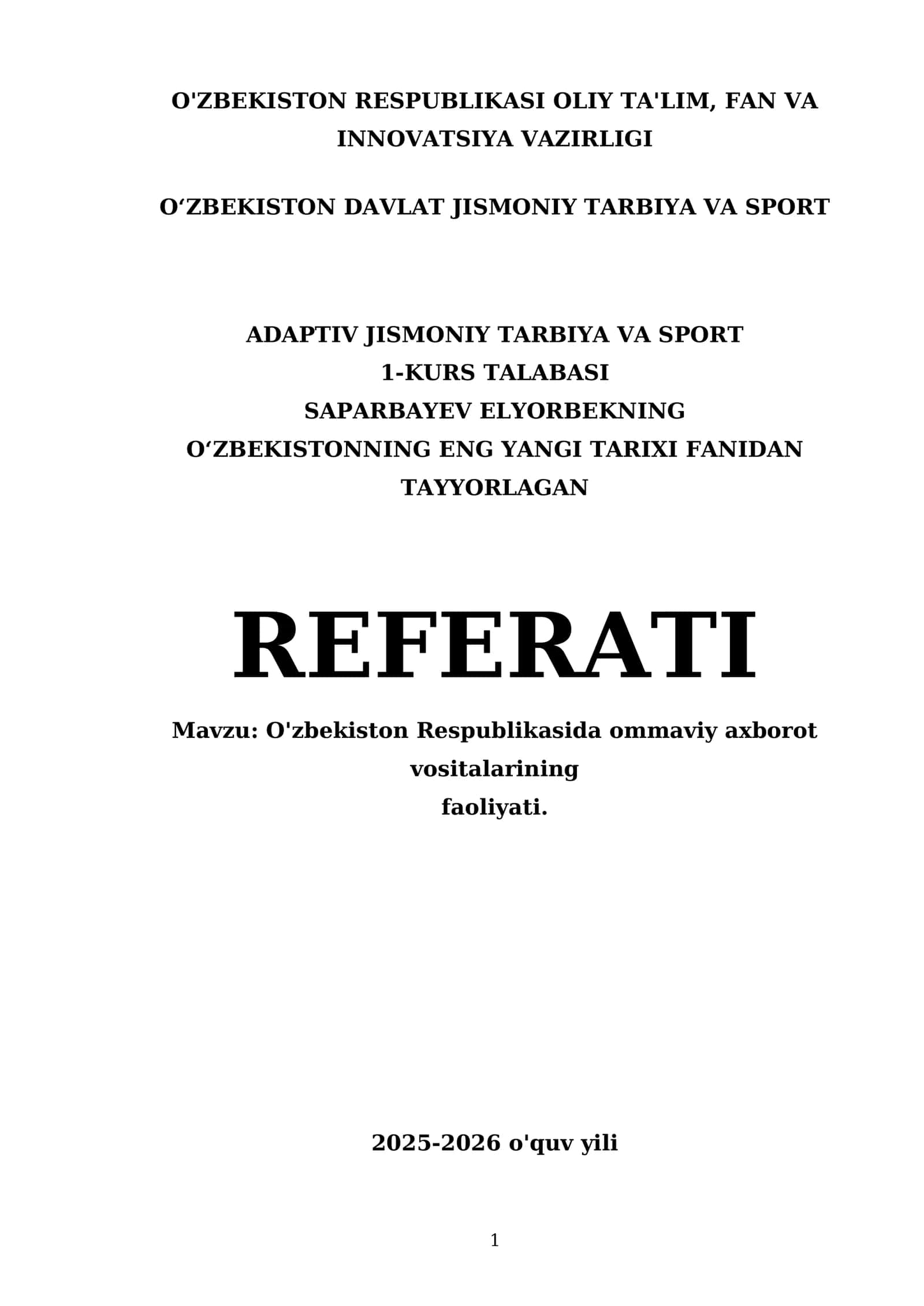 Oʻzbekistonning eng yangi tarixi fanidan tayyorlagan referat 1