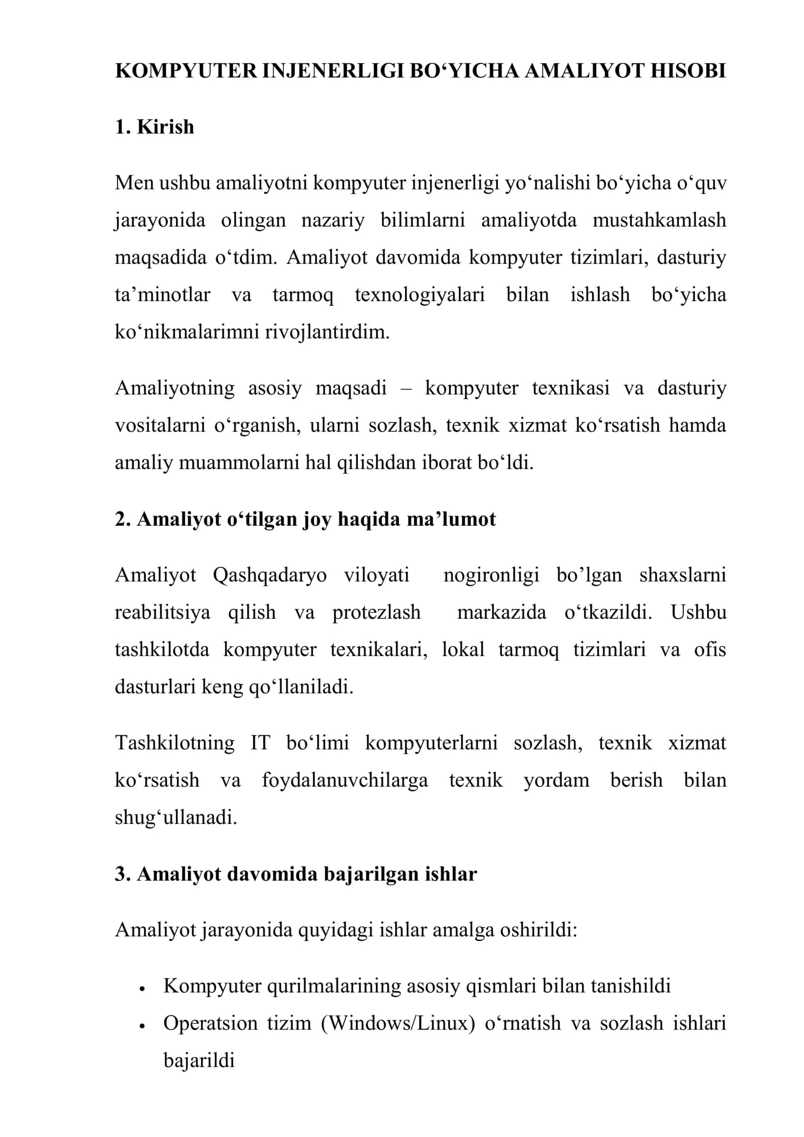KOMPYUTER INJENERLIGI BO‘YICHA AMALIYOT HISOBI 1