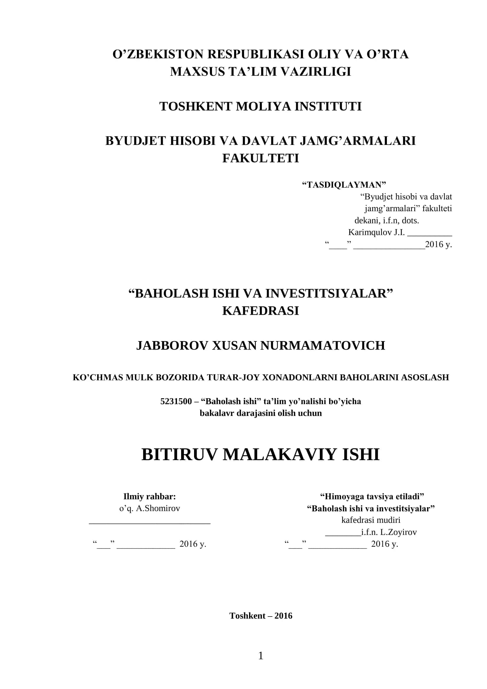 Baholash ishi va investitsiyalar 1
