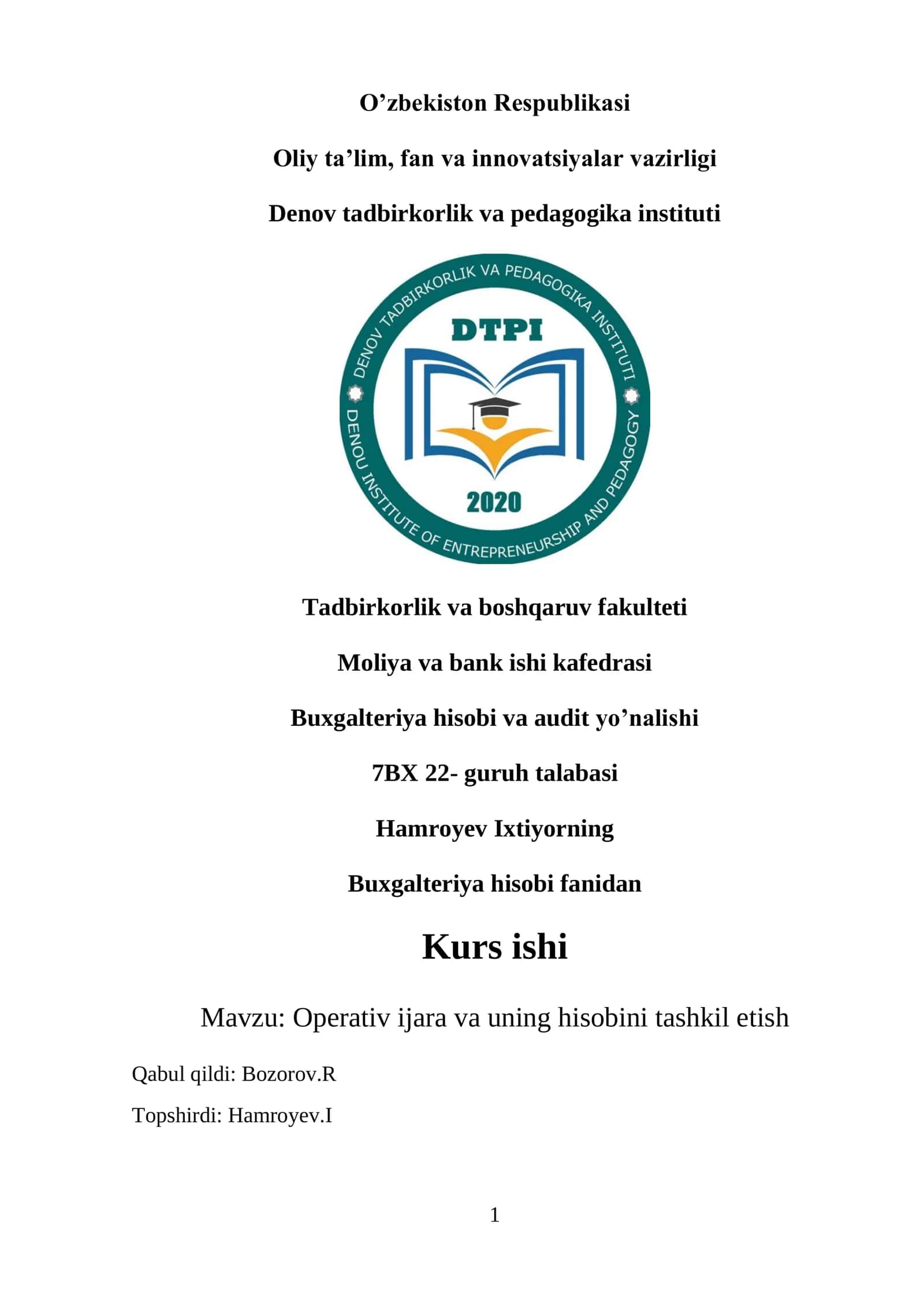 Operativ ijara va uning hisobini tashkil etish 1