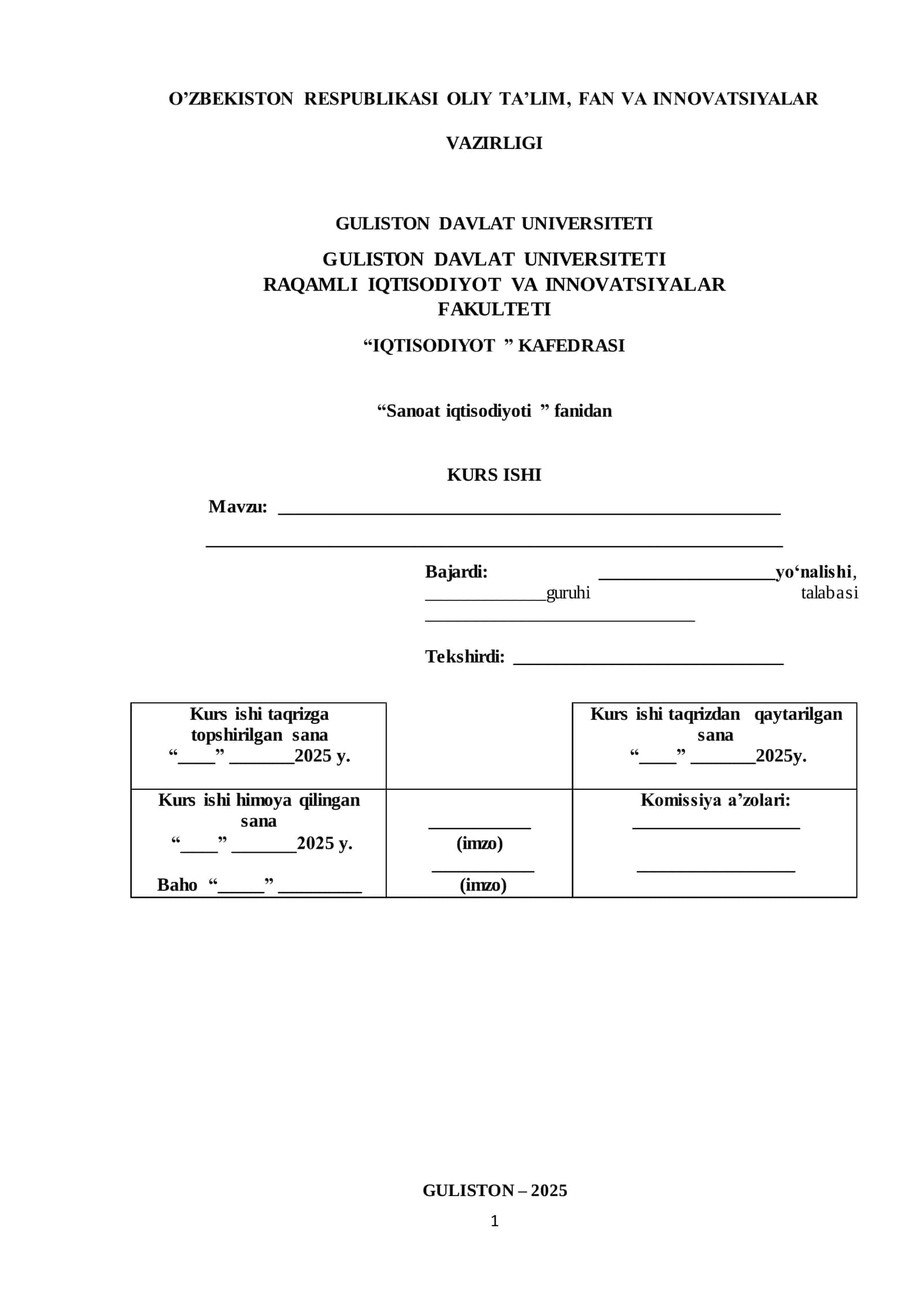 Sanoat iqtisodiyoti KURS ISHI 1