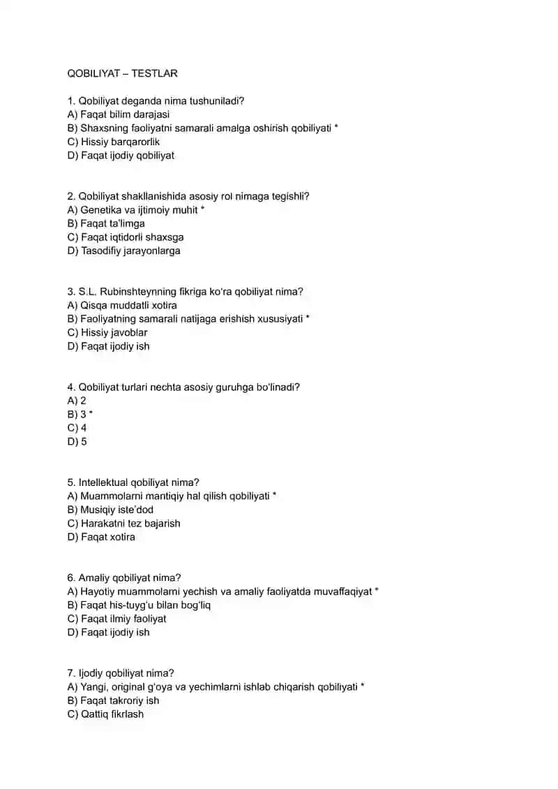 QOBILIYAT – TESTLAR
