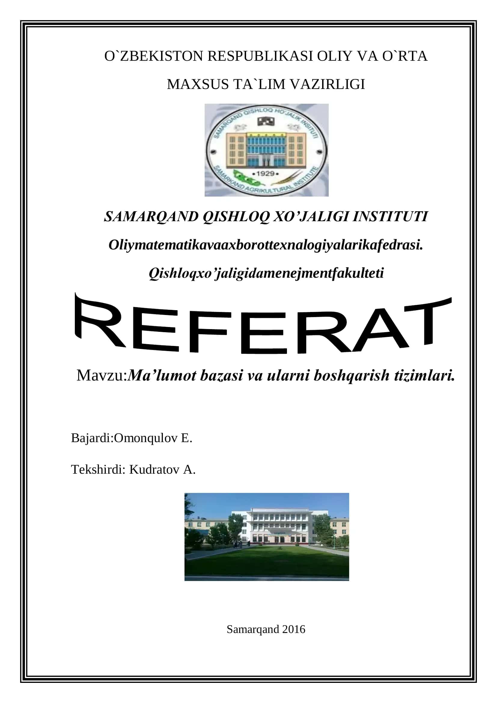 MA'LUMOTLAR OMBORI VA UNI BOShQARISh TIZIMI 1