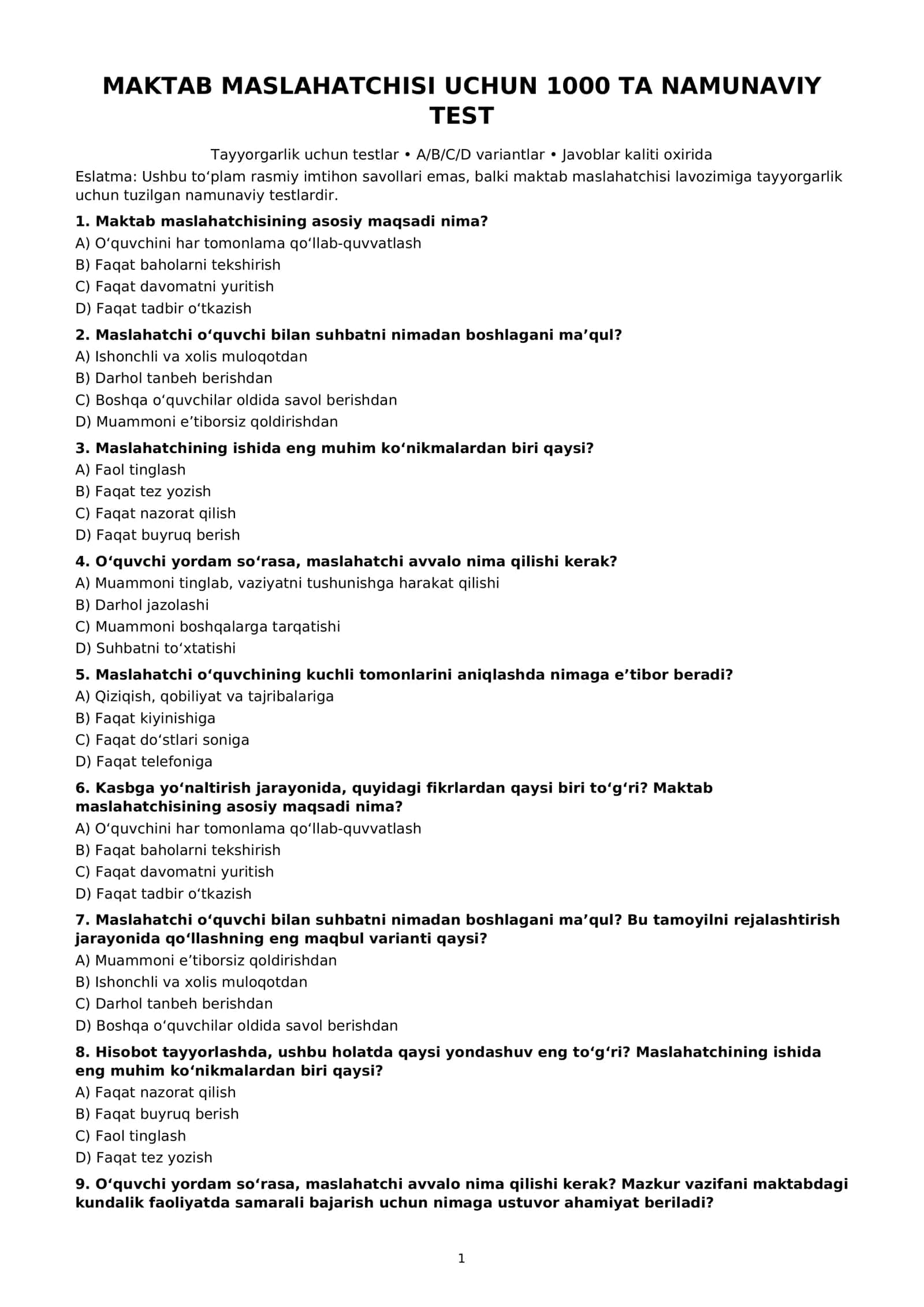 Maktab maslahatchisi uchun 1000 ta test 1
