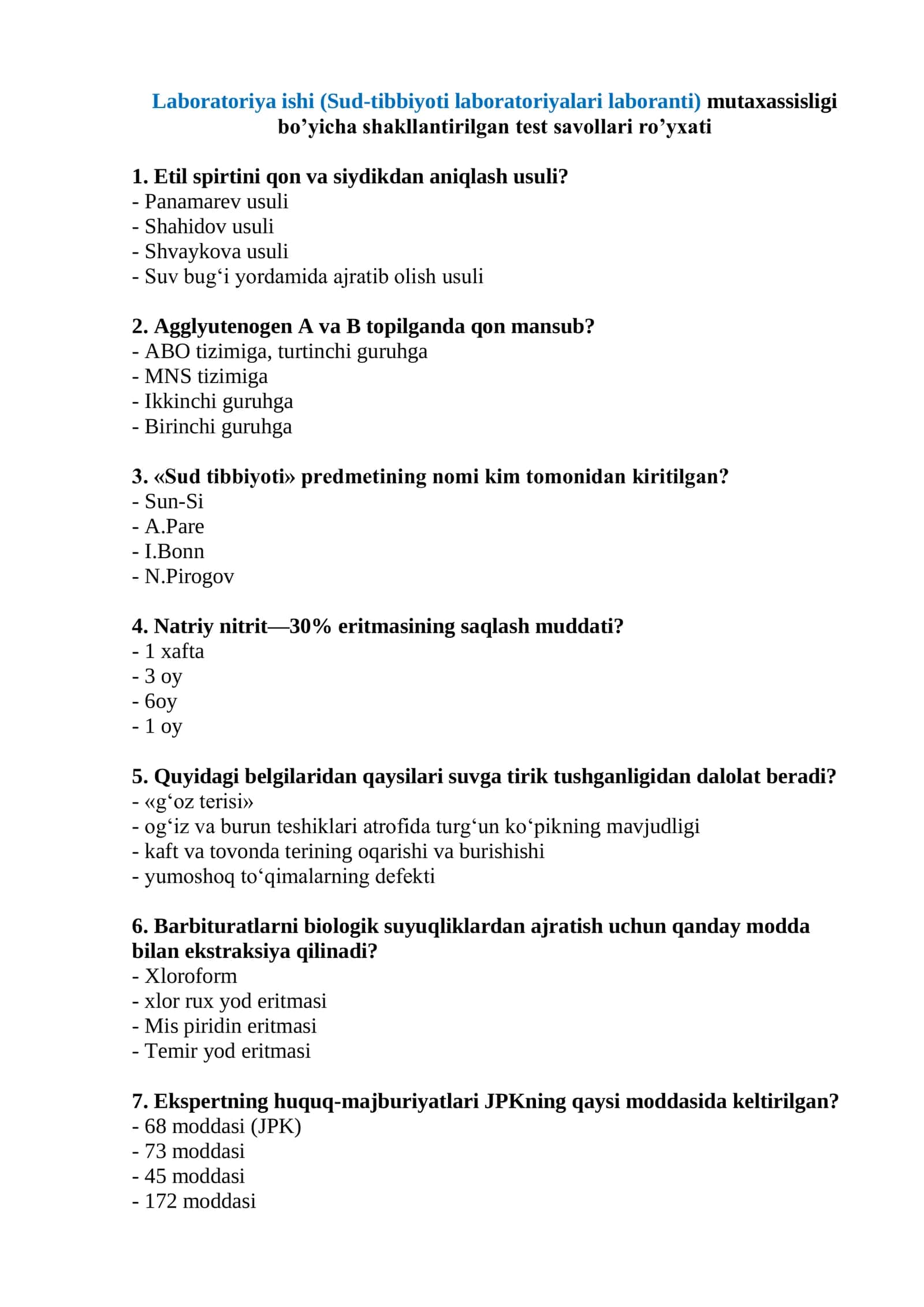 Laboratoriya ishi (Sud-tibbiyoti laboratoriyalari laboranti) mutaxassisligi bo’yicha shakllantirilgan test savollari ro’yxati 1