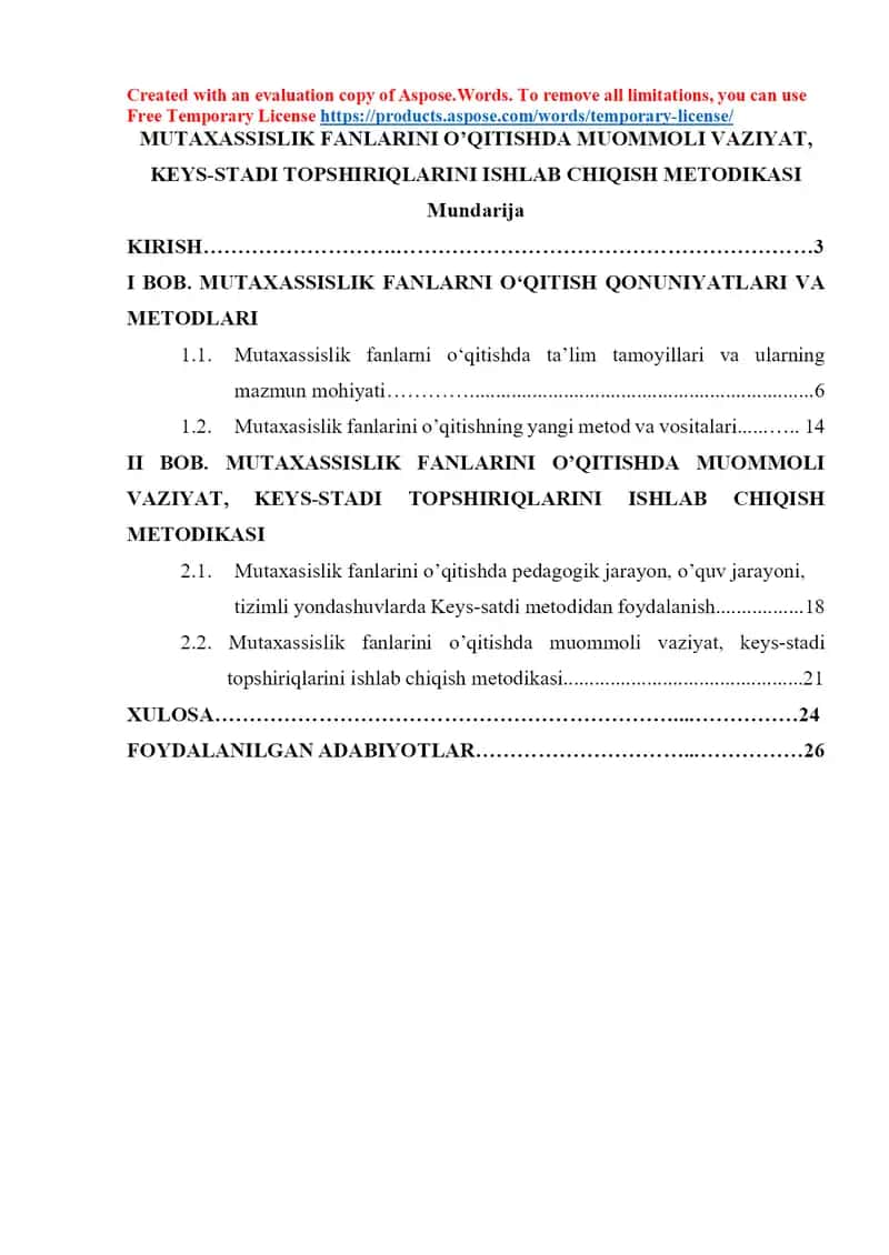 Mutaxassislik fanlarini o‘qitishda muommoli vaziyat, keys-stadi topshiriqlarini ishlab chiqish metodikasi 1