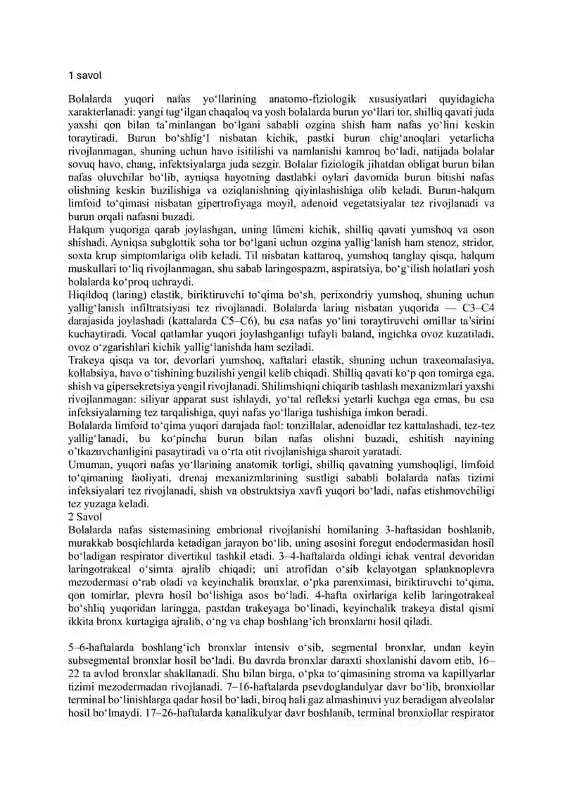 Bolalar kasalliklari fanidan V smestr oraliq nazorat savollariga javoblar