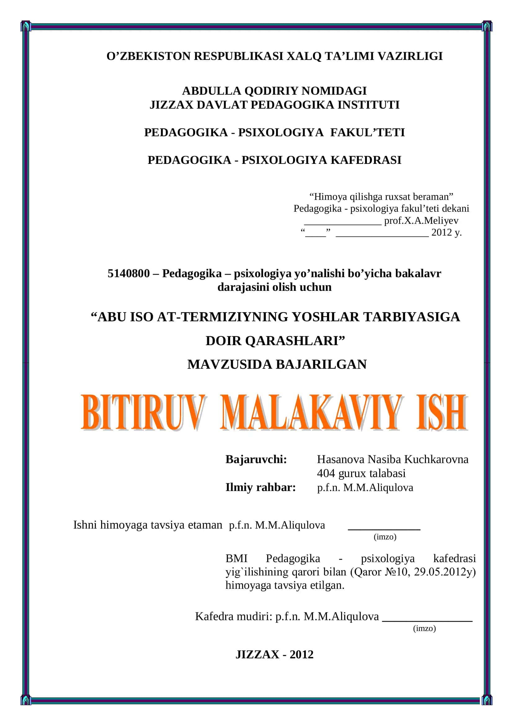 ABU ISO AT-TERMIZIYNING YOSHLAR TARBIYASIGA DOIR QARASHLARI 1