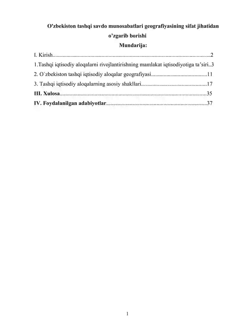 O'zbekiston Tashqi Savdo Munosabatlari Geografiyasi