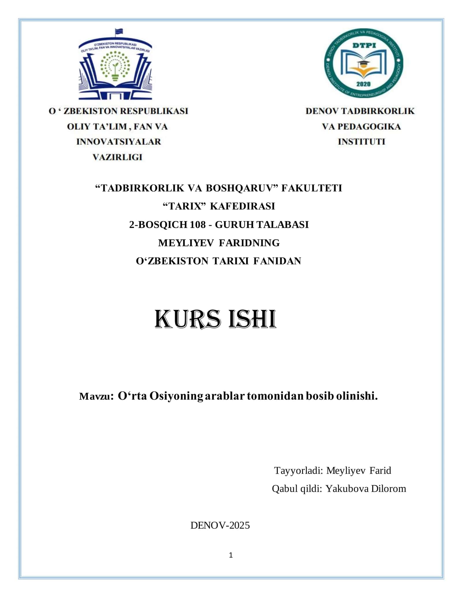 O‘ZBEKISTON TARIXIDAN KURS ISHI 1