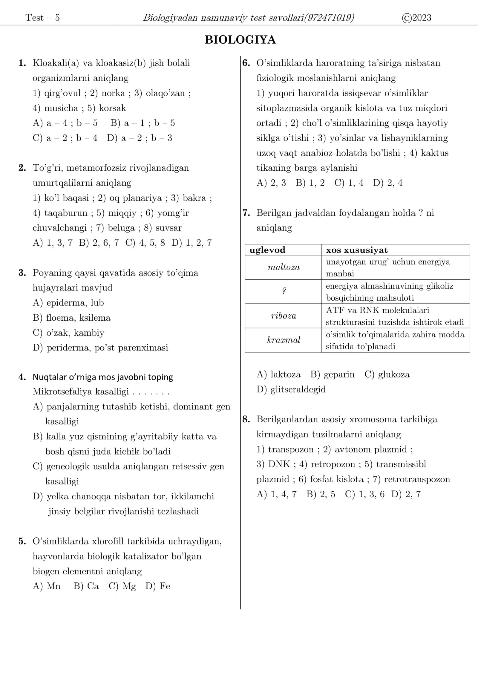 Biologiyadan namunaviy test savollari 1