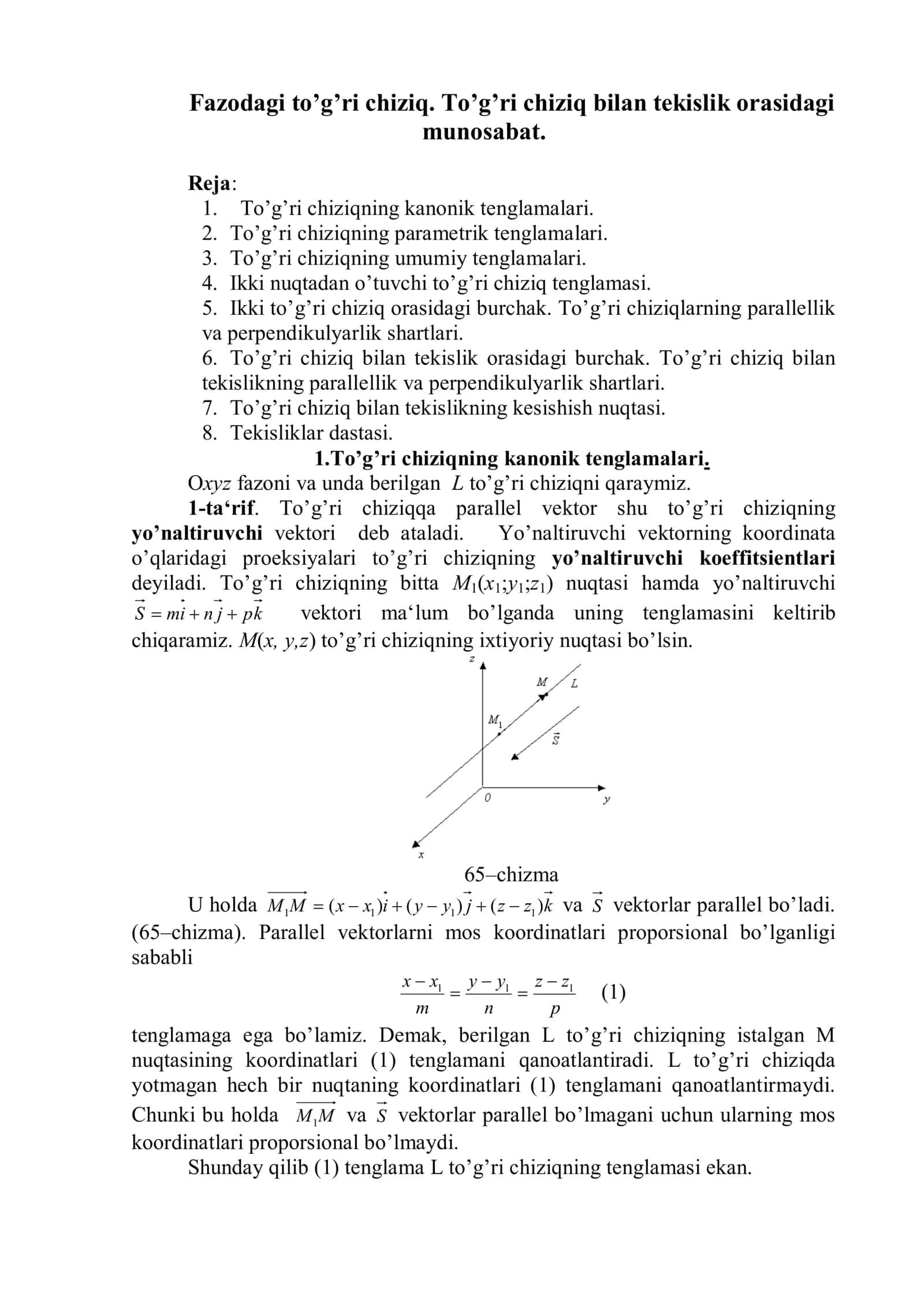 To’g’ri chiziqning kanonik tenglamalari 1