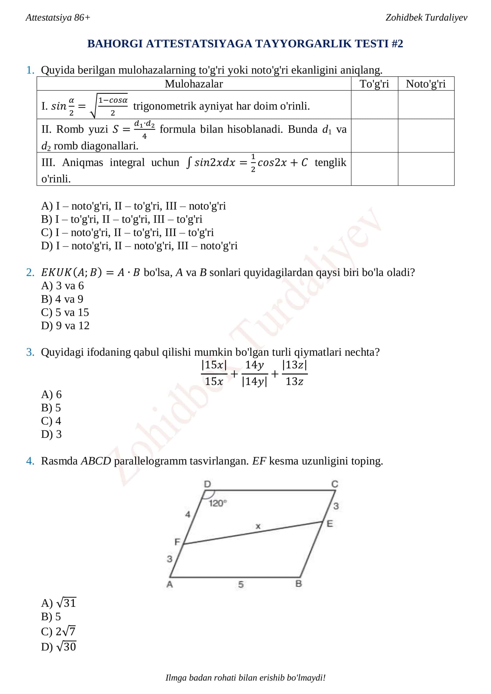 BAHORGI ATTESTATSIYAGA TAYYORGARLIK TESTI #2 1