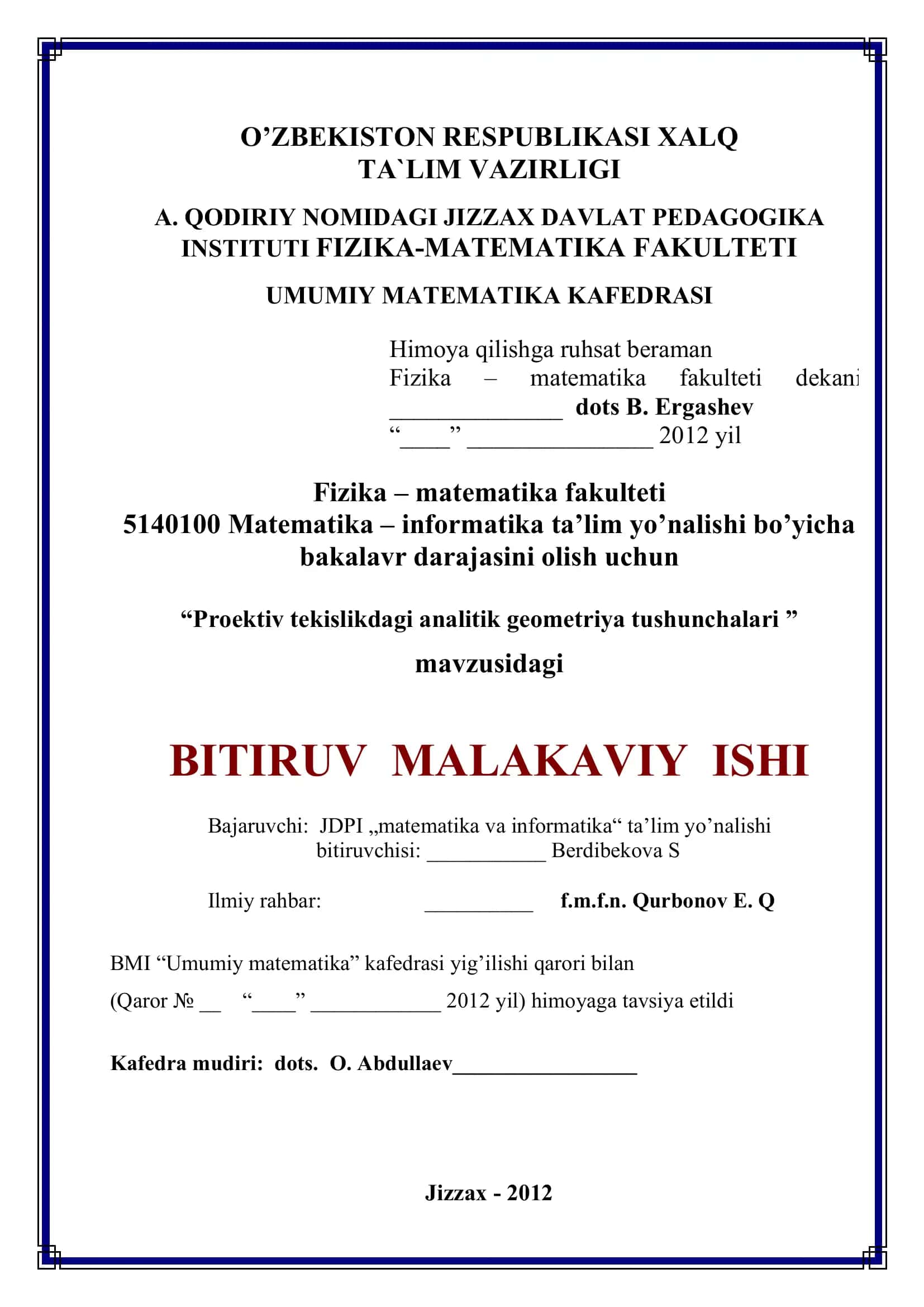 Proektiv tekislikdagi analitik geometriya tushunchalari 1
