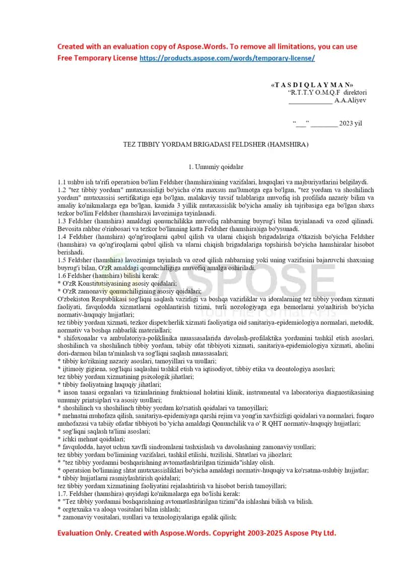 Tez Tibbiy Yordam Brigadasi Feldsher (Hamshira) 1