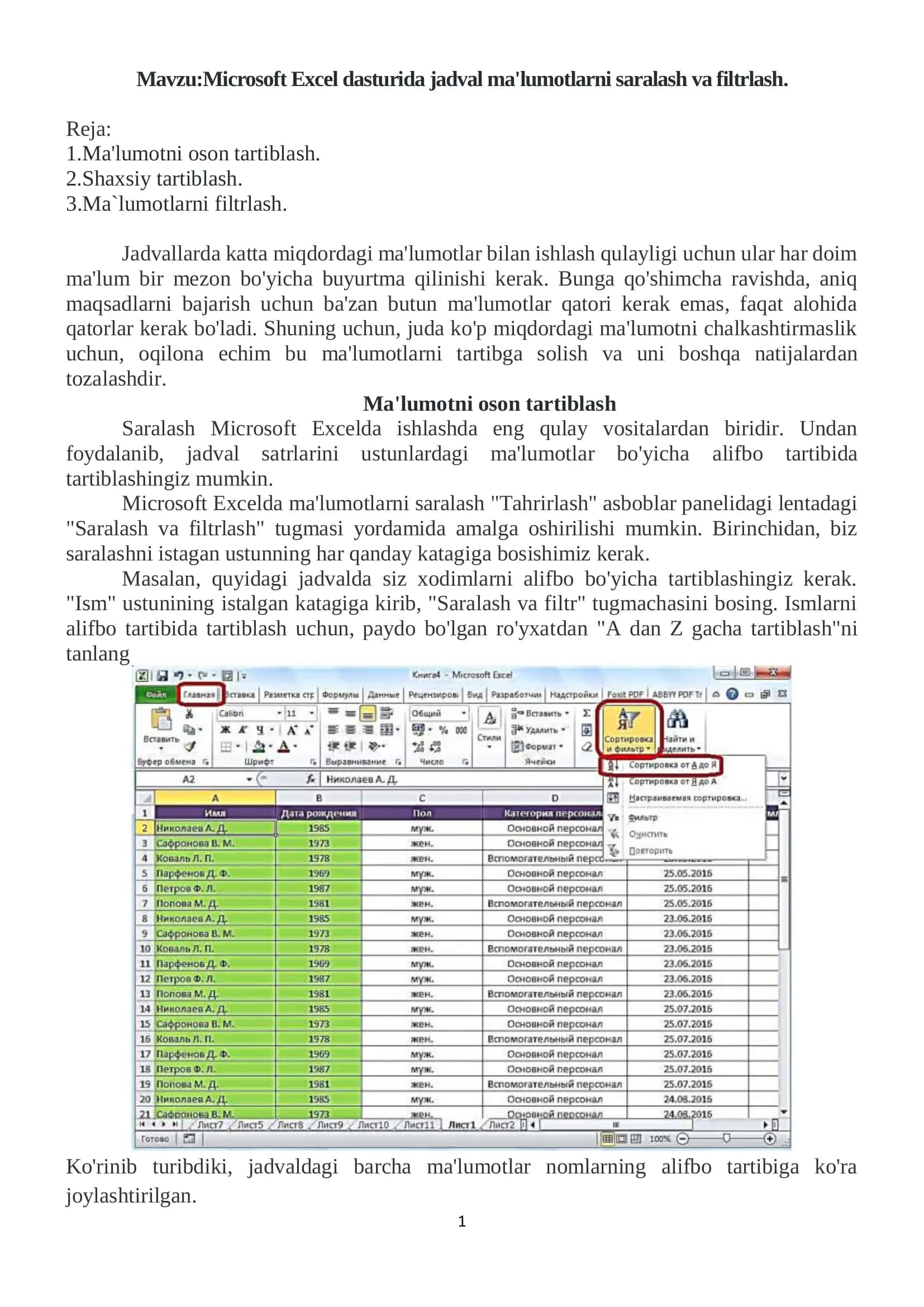 Microsoft Excel dasturida jadval ma'lumotlarni saralash va filtrlash 1