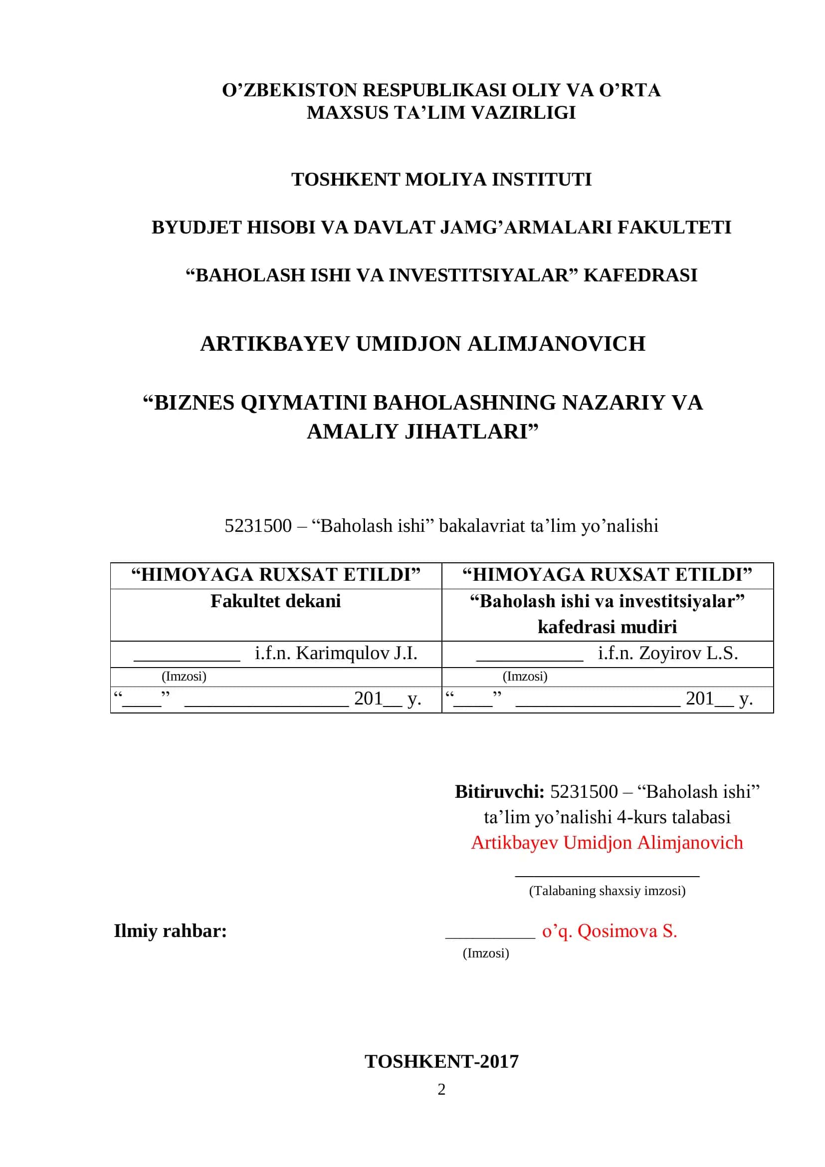 Baholash ishi va investitsiyalar 1
