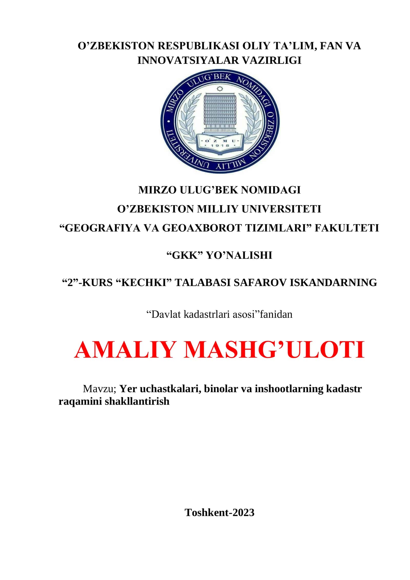 Yer uchastkalari, binolar va inshootlarning kadastr raqamini shakllantirish 1