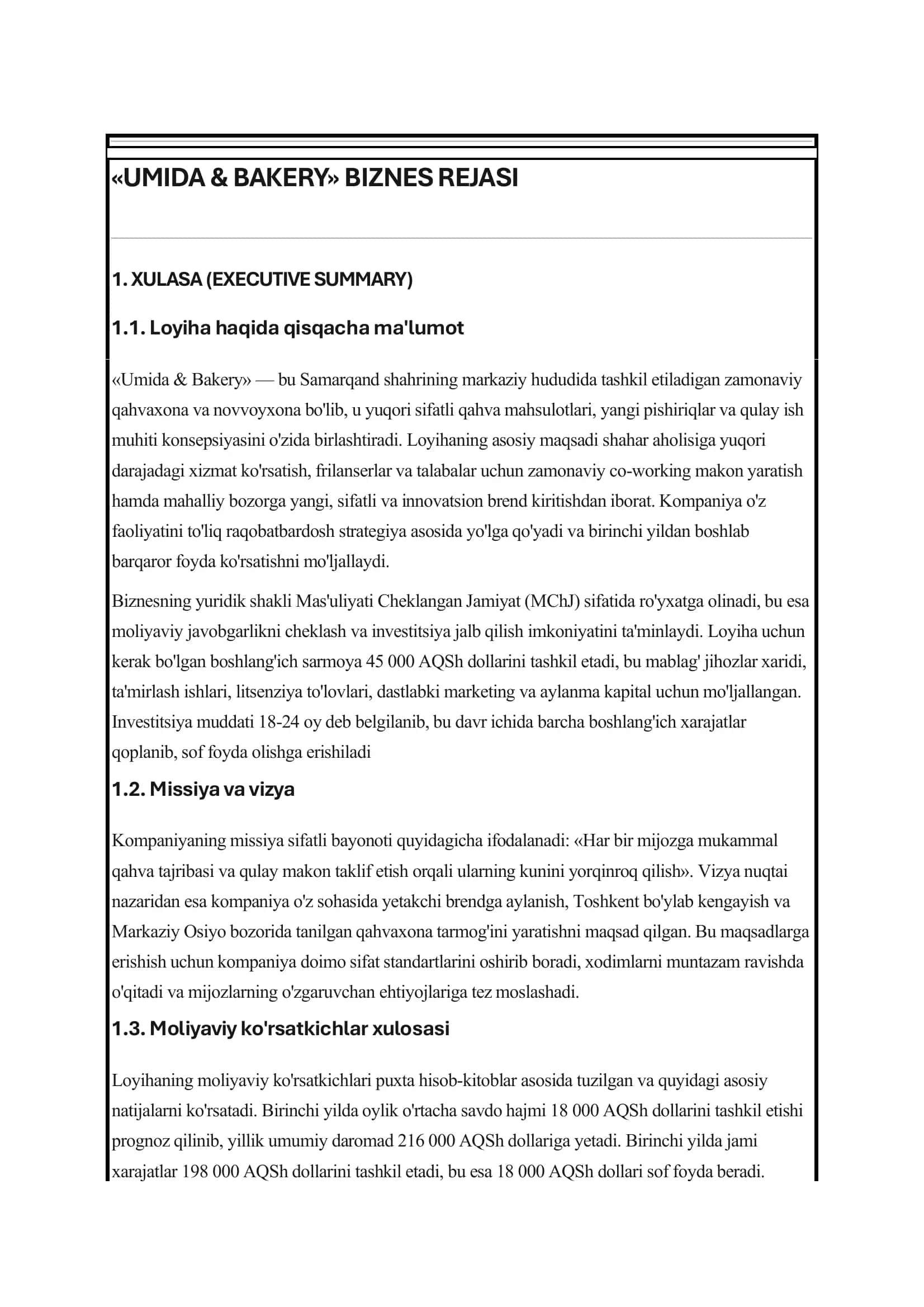 UMIDA & BAKERY BIZNES REJASI 1