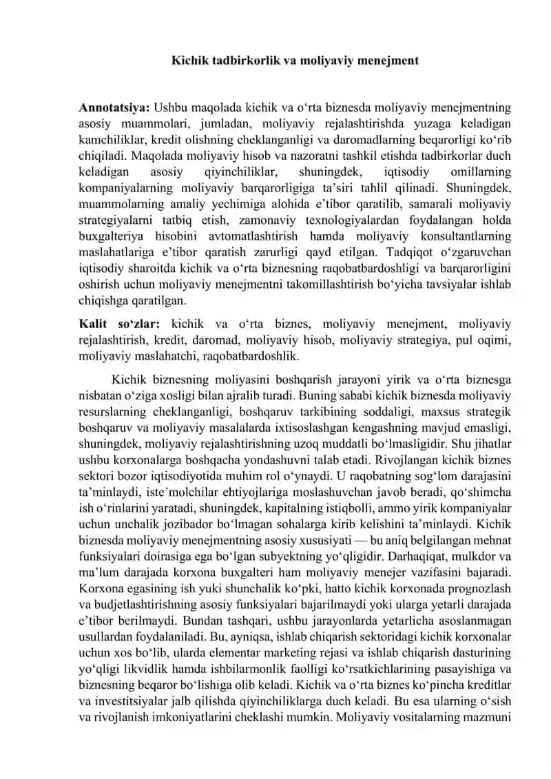Kichik tadbirkorlik va moliyaviy menejment