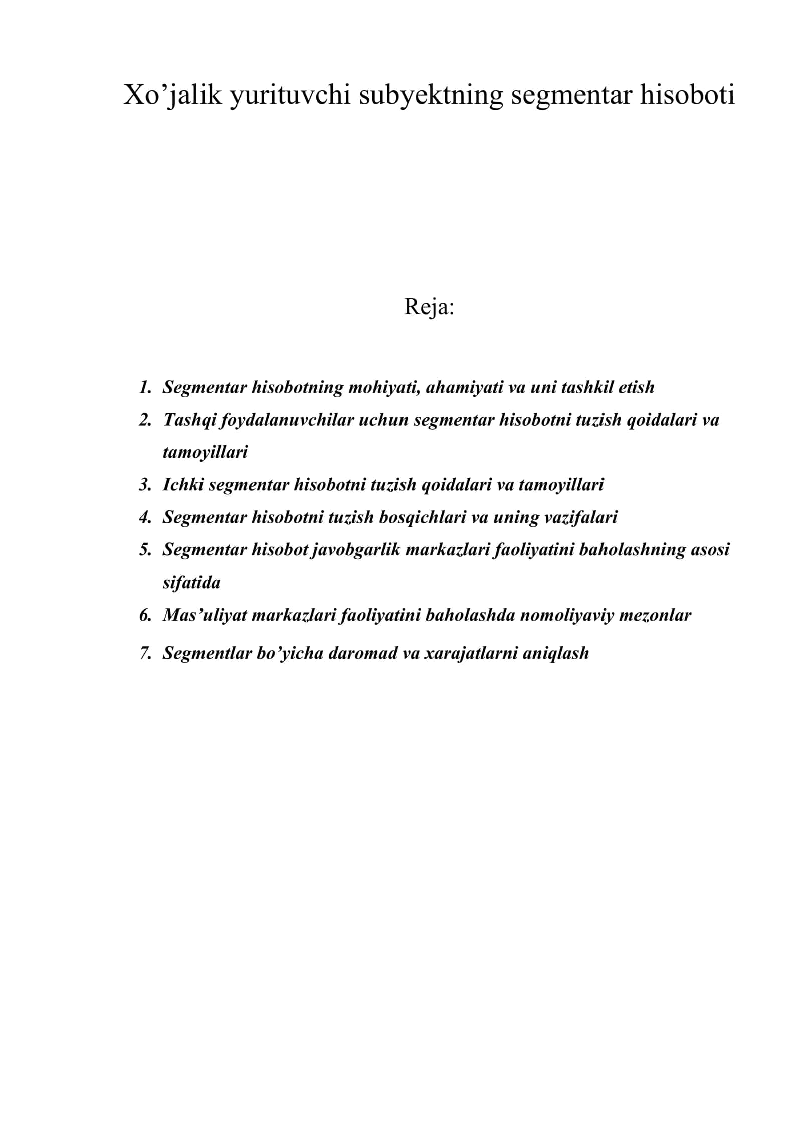 Xo’jalik yurituvchi subyektning segmentar hisoboti 1