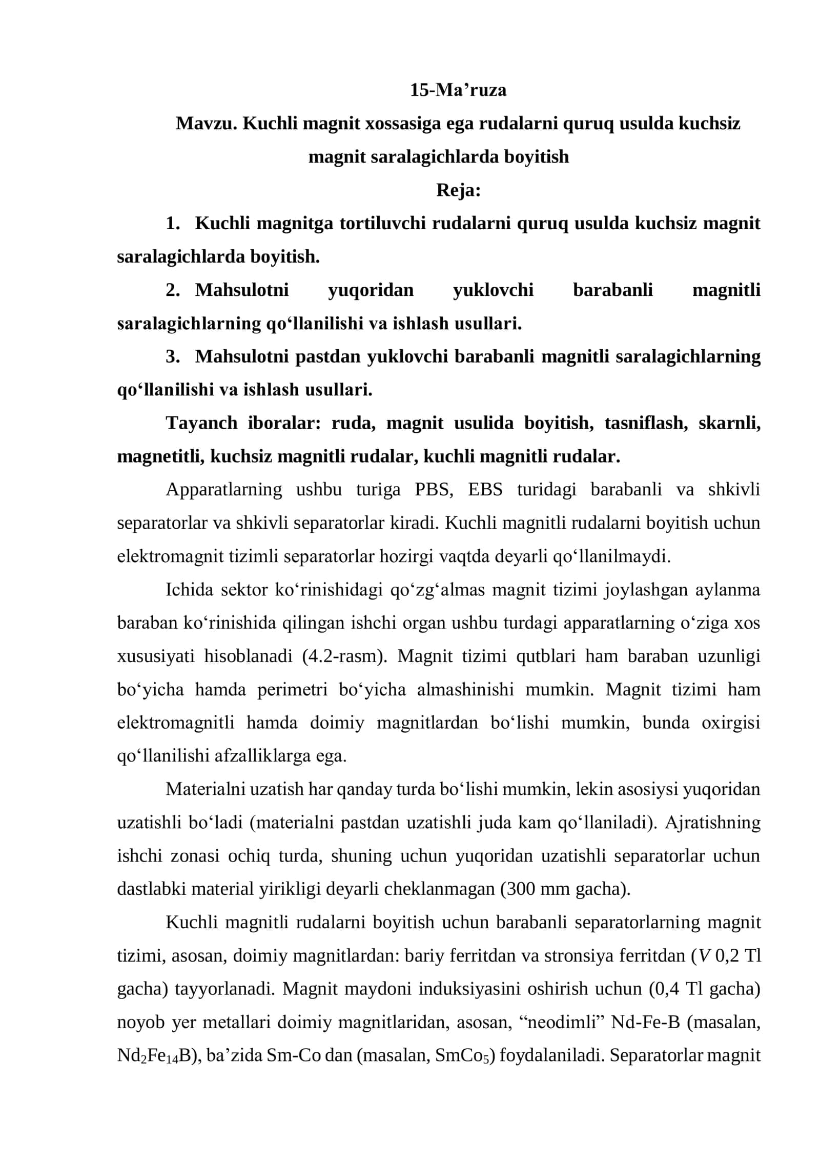 Kuchli magnit xossasiga ega rudalarni quruq usulda kuchsiz  magnit saralagichlarda boyitish 1