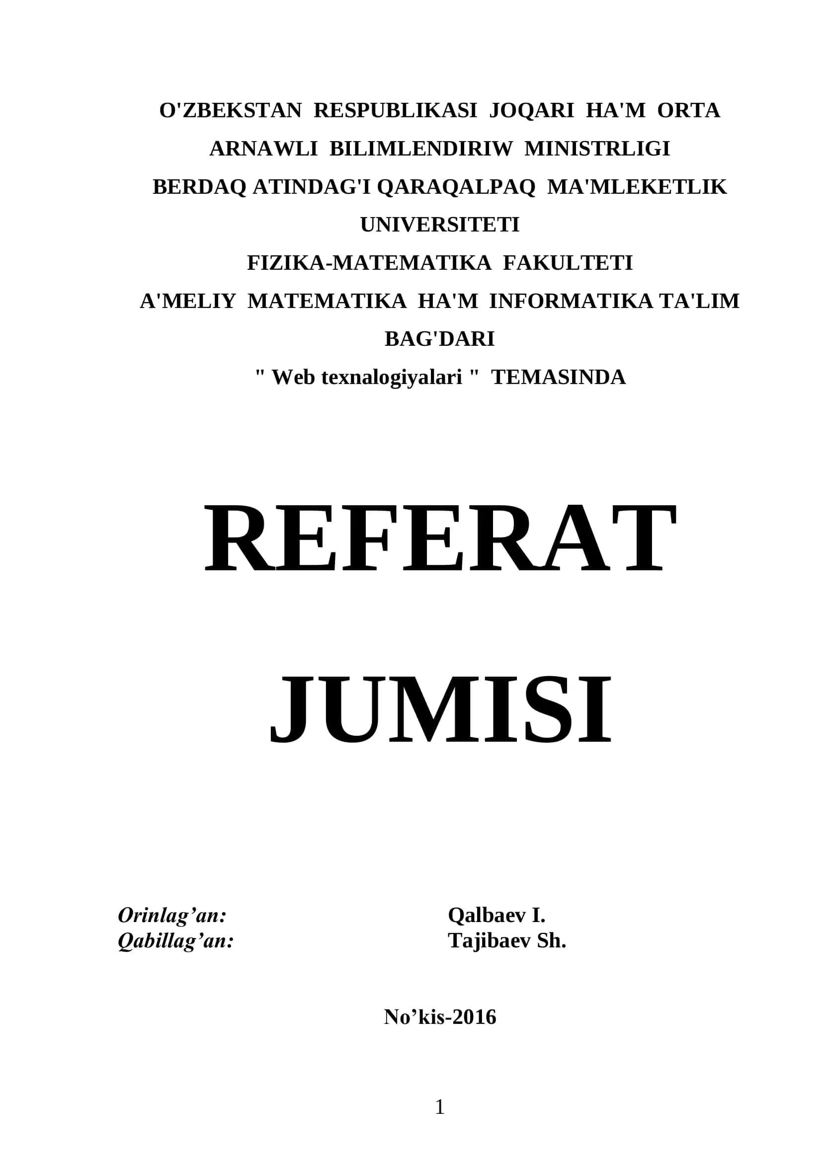 Web Texnalogiyalari Referat 1