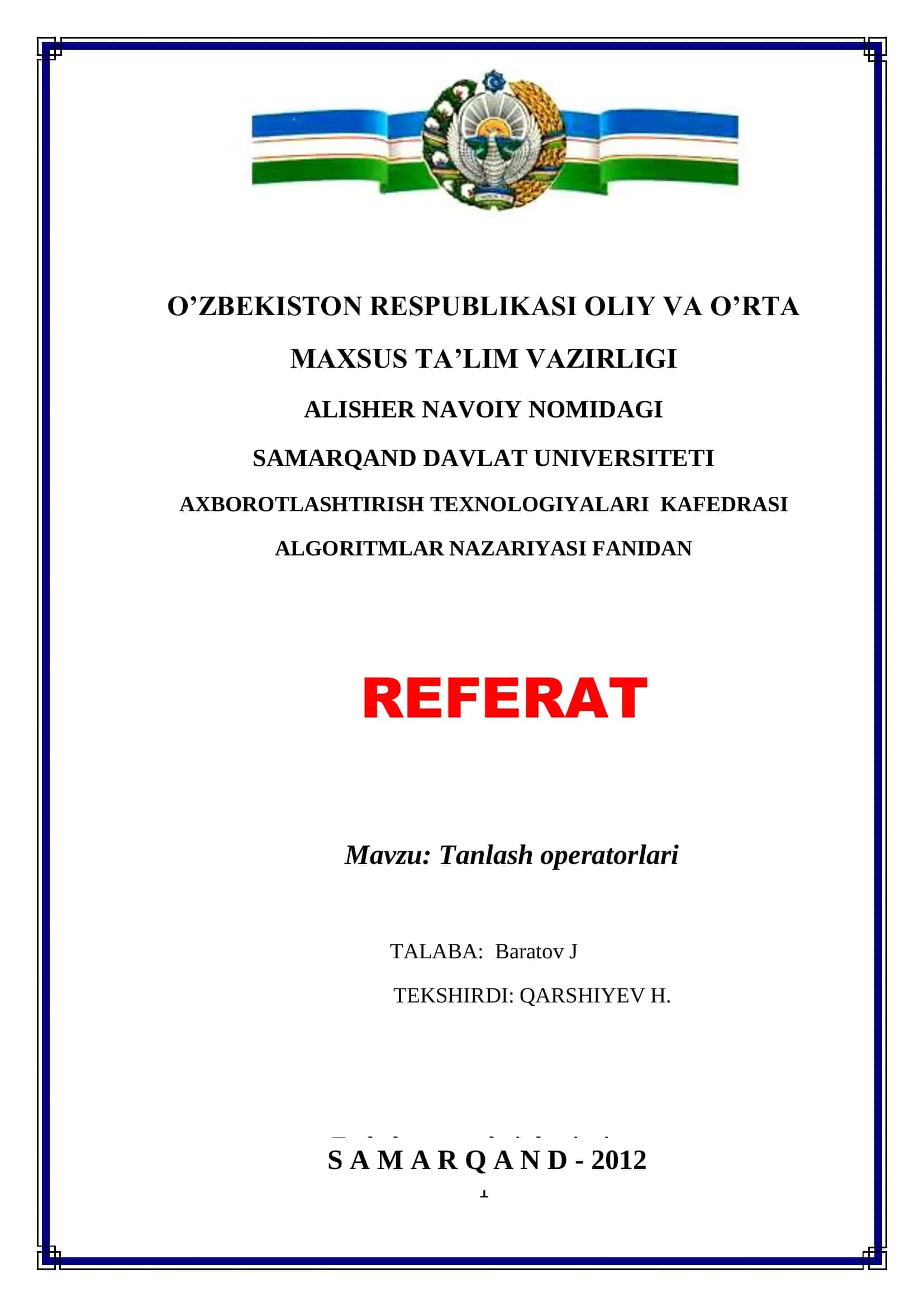 Tanlash operatorlari algoritmi 1