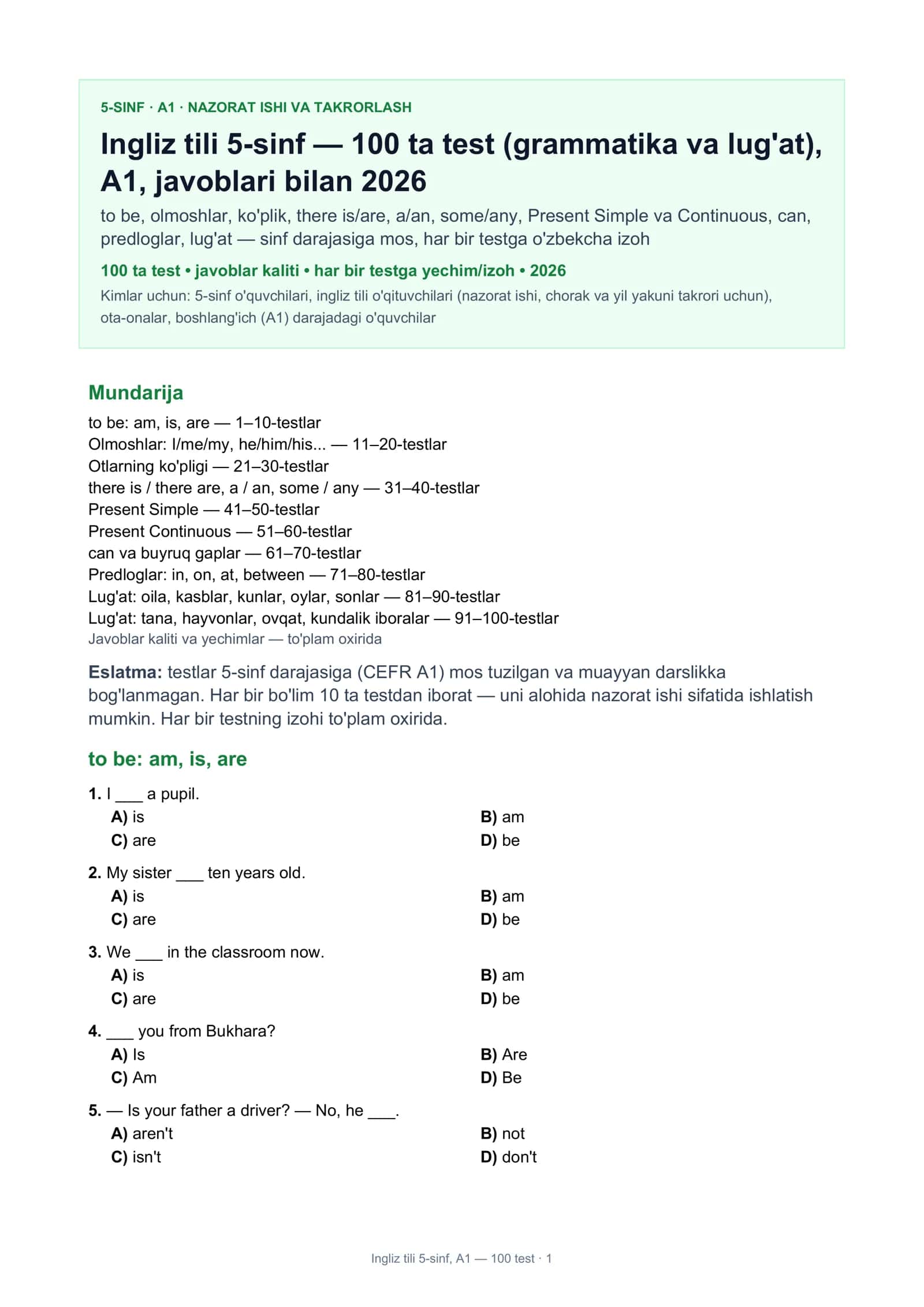 Ingliz tili 5-sinf, A1 — 100 test · 1 1