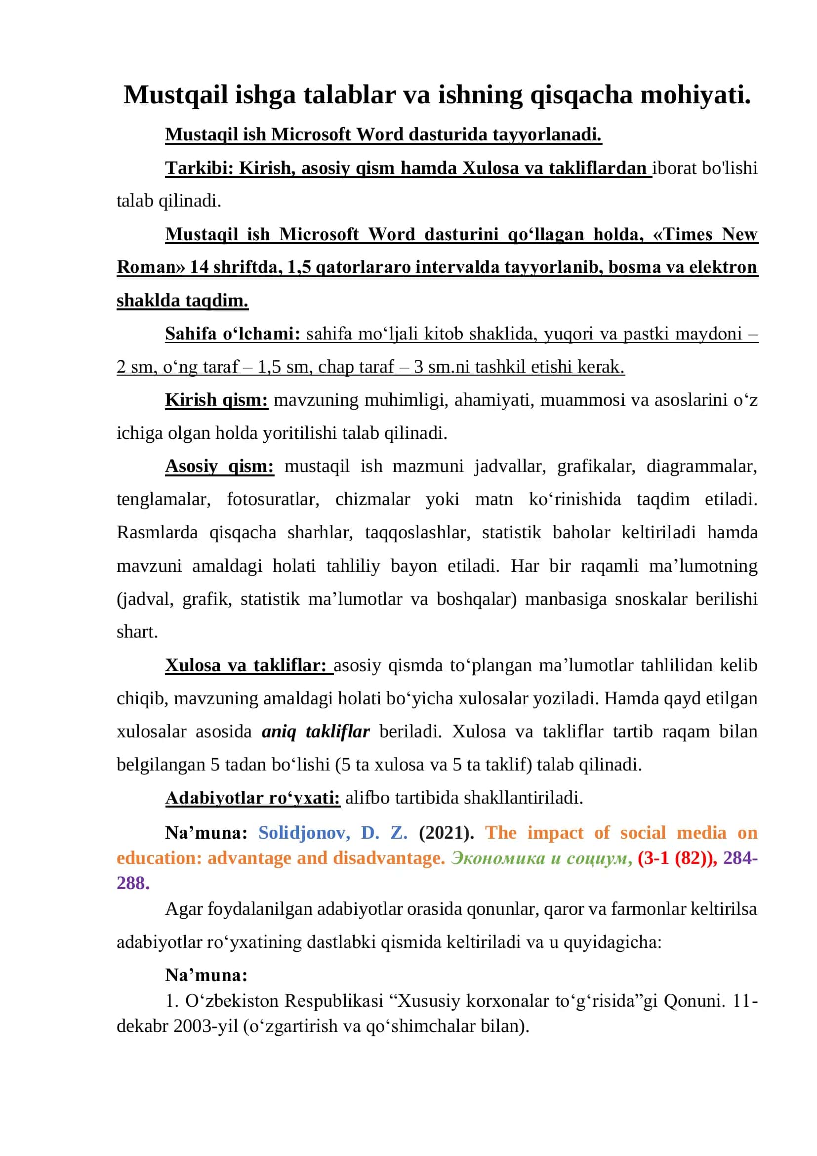 Mustaqil ish talablari 1