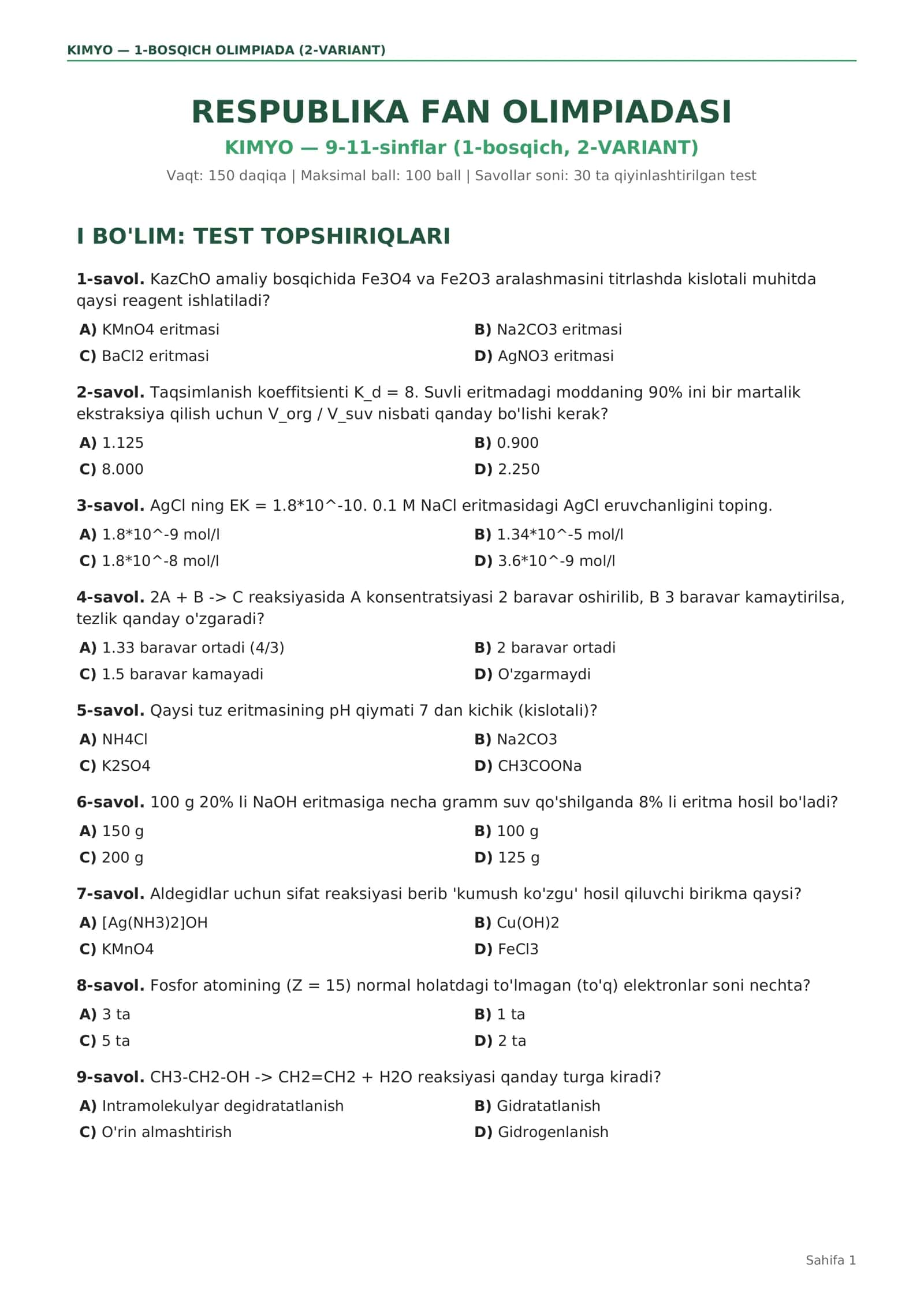 KIMYO — 9-11-sinflar (1-bosqich, 2-VARIANT) 1