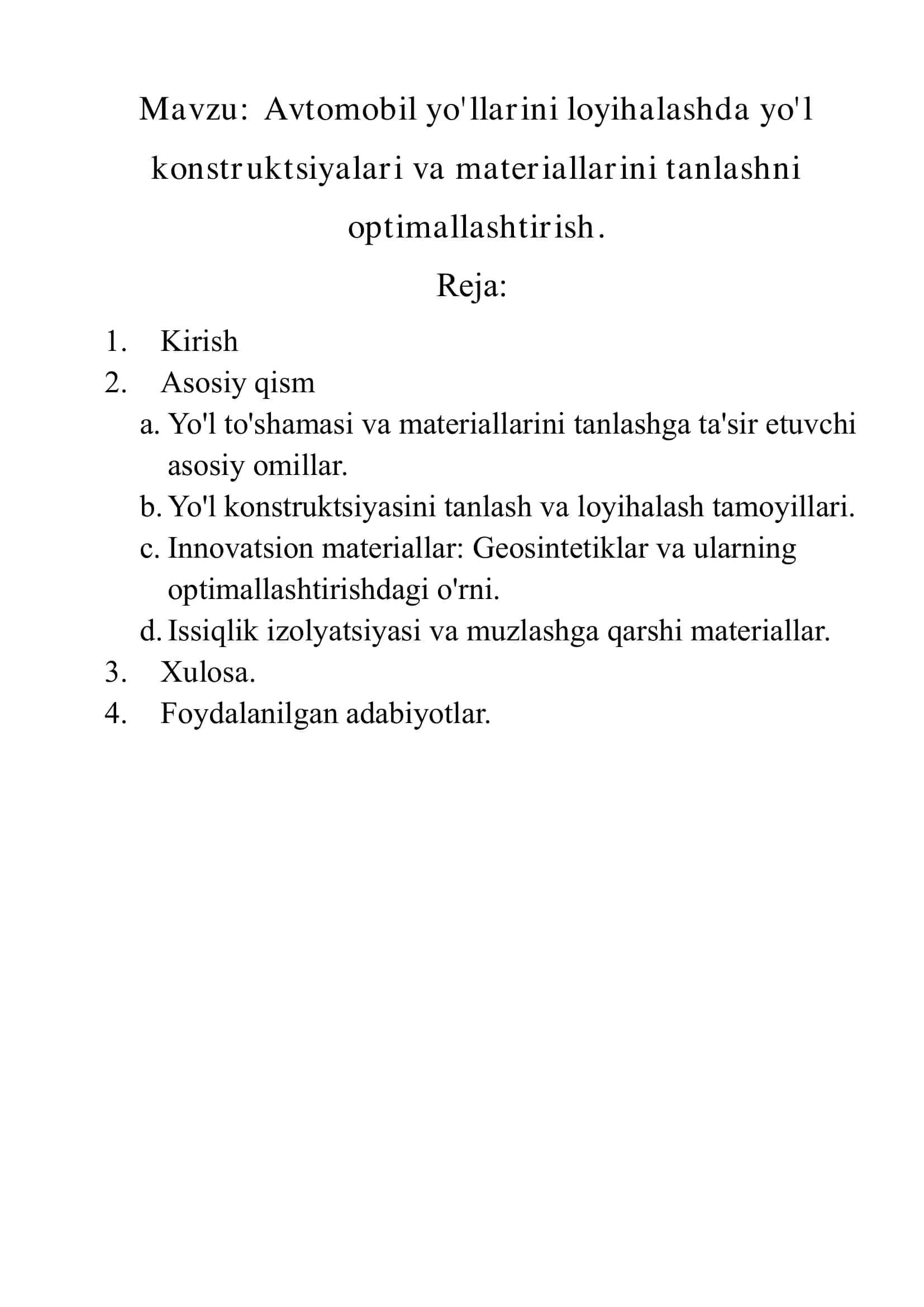 Avtomobil yo'llarini loyihalashda yo'l konstruktsiyalari va materiallarini tanlashni optimallashtirish 1