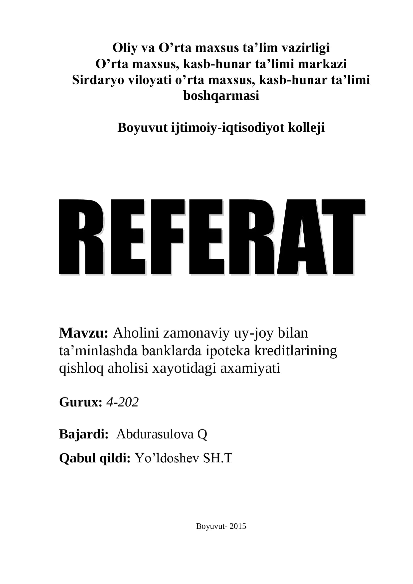 Aholini zamonaviy uy-joy bilan ta’minlashda banklarda ipoteka kreditlarining qishloq aholisi xayotidagi axamiyati 1