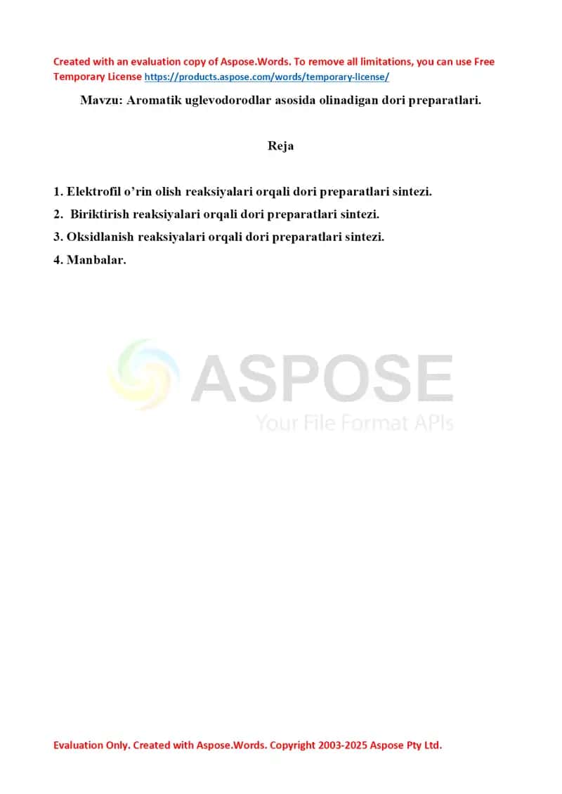 3. Aromatik uglevodorodlar asosida olinadigan dori preparatlari. Referat 7 bet. 1