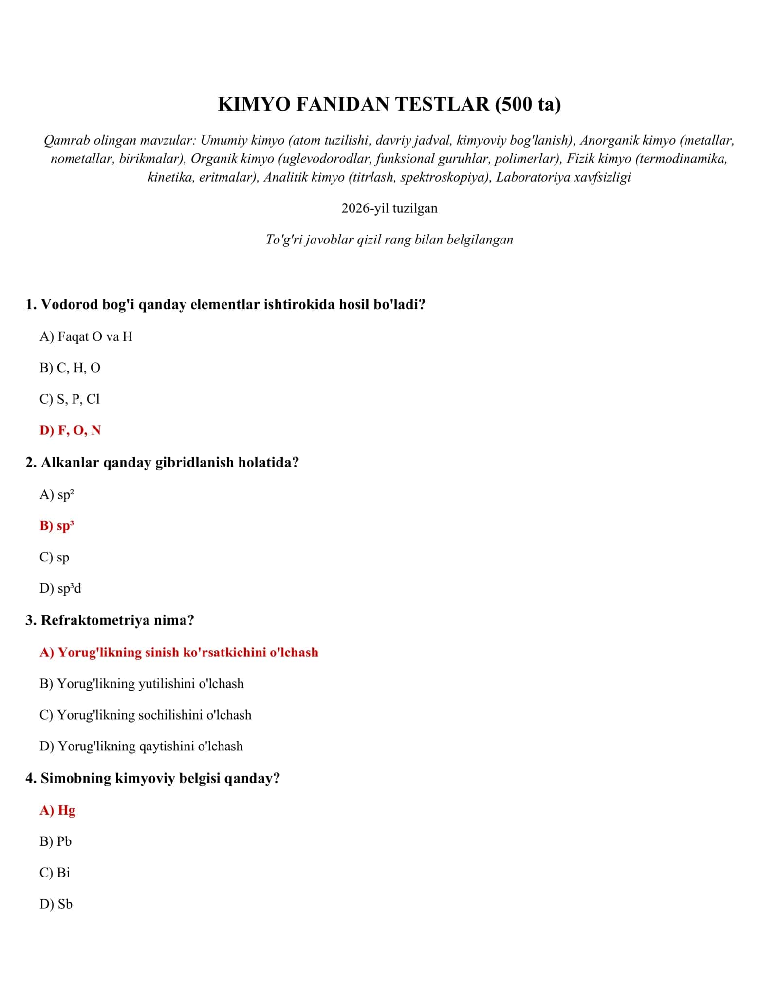 KIMYO FANIDAN TESTLAR (500 ta) 1